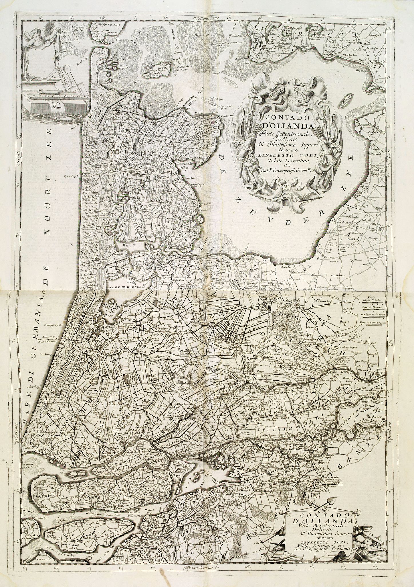 CORONELLI, V.M., Contado d'Ollanda parte settentrionale / Contado d'ollanda parte meridionale. . ., antique map, old maps
