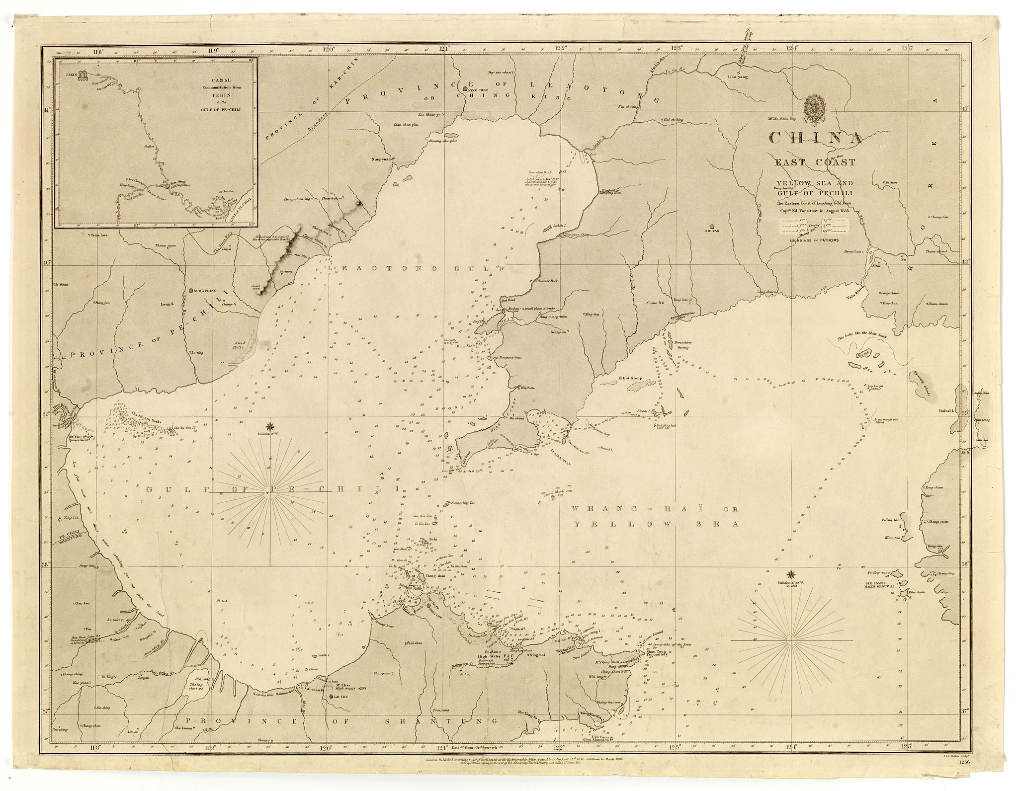 HYDROGRAPHIC OFFICE, China east coast Yellow Sea and Gulf of Pechili, antique map, old maps