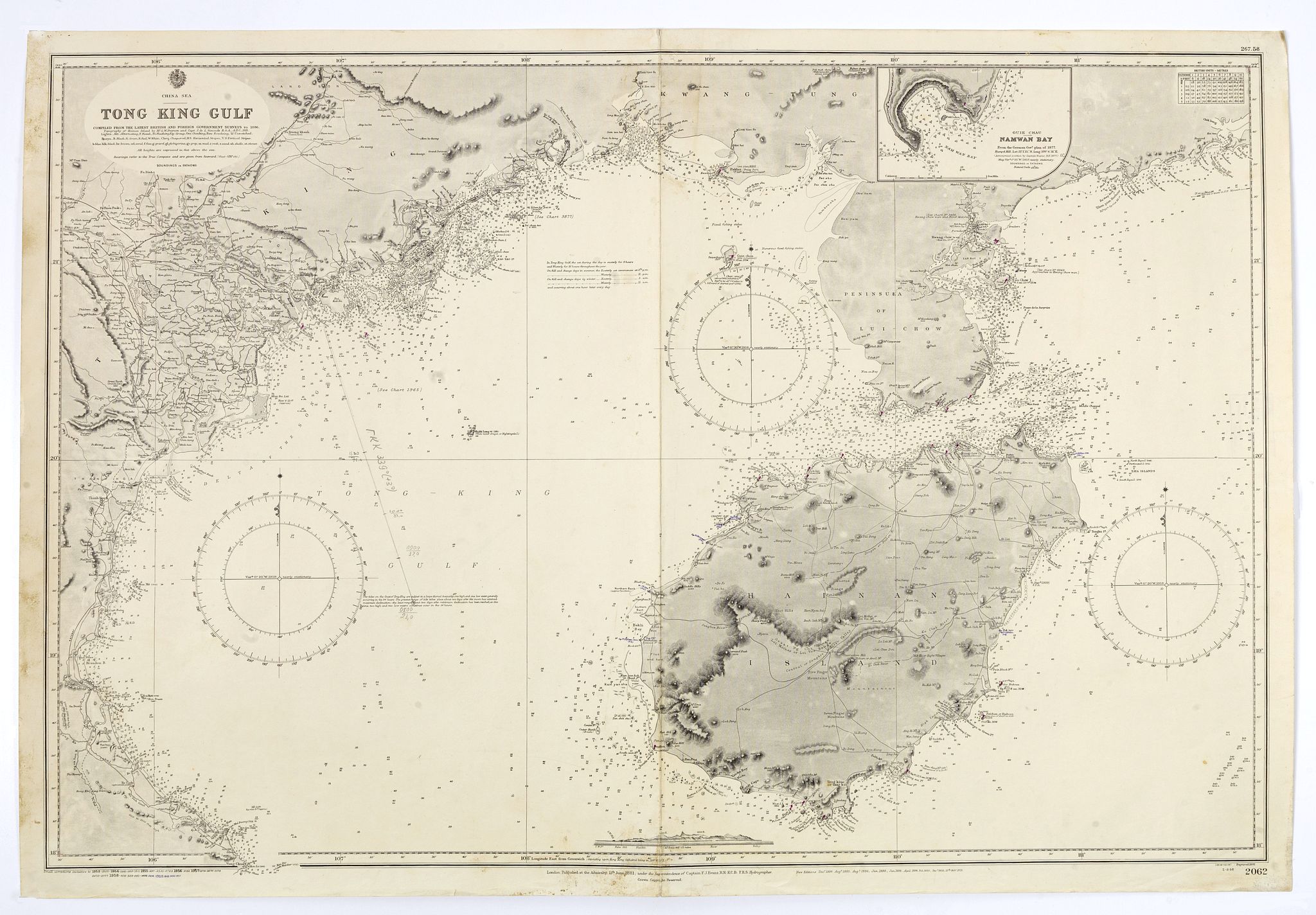 HYDROGRAPHIC OFFICE, China sea. Tong King Gulf Compiled from the latest British and Foreign Government surveys to 1886. . ., antique map, old maps