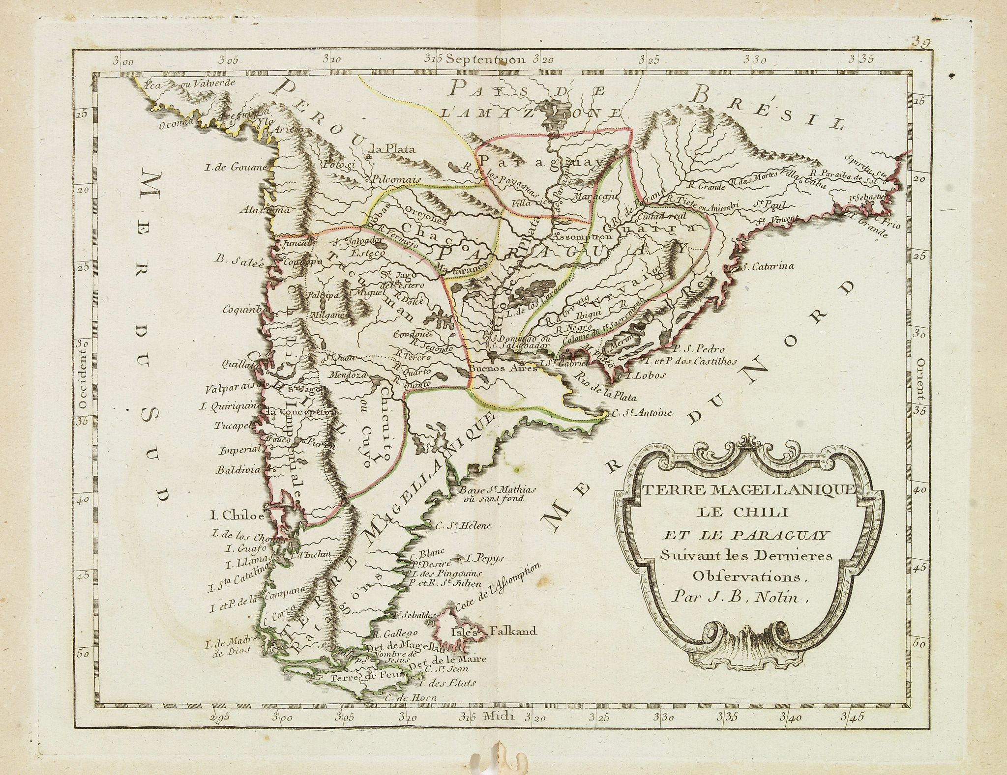 MONDHARE, L.J. / NOLIN, J.B., Terre Magellanique le Chili et le Paraguay. . ., antique map, old maps