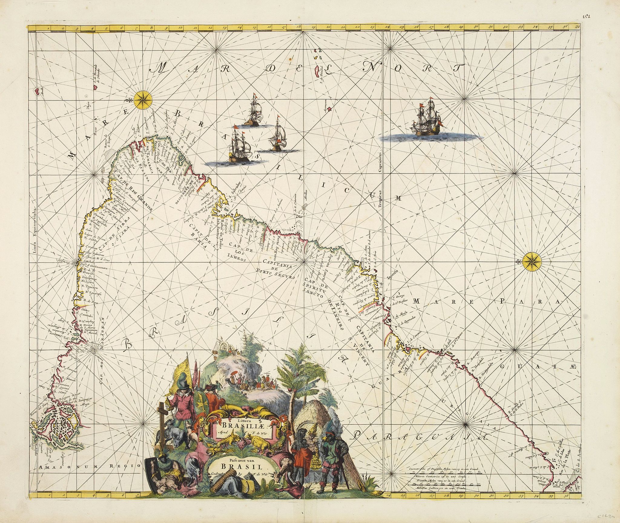 DE WIT,F, Pascaert van Brasil-Littora Brasiliae., antique map, old maps