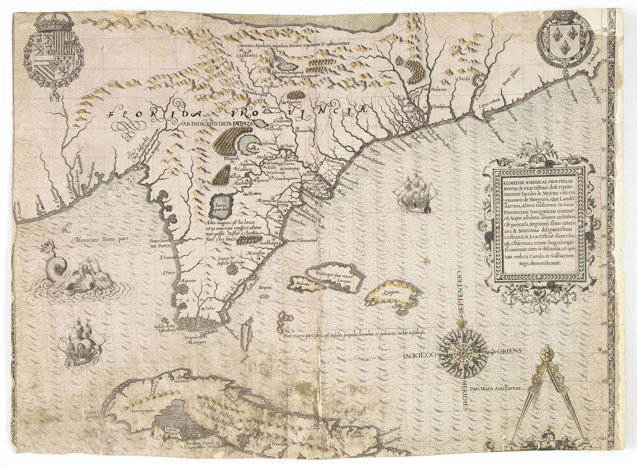 DE BRY, Th., Floridae Americae Provinciae recens & exactissima descriptio . . ., antique map, old maps