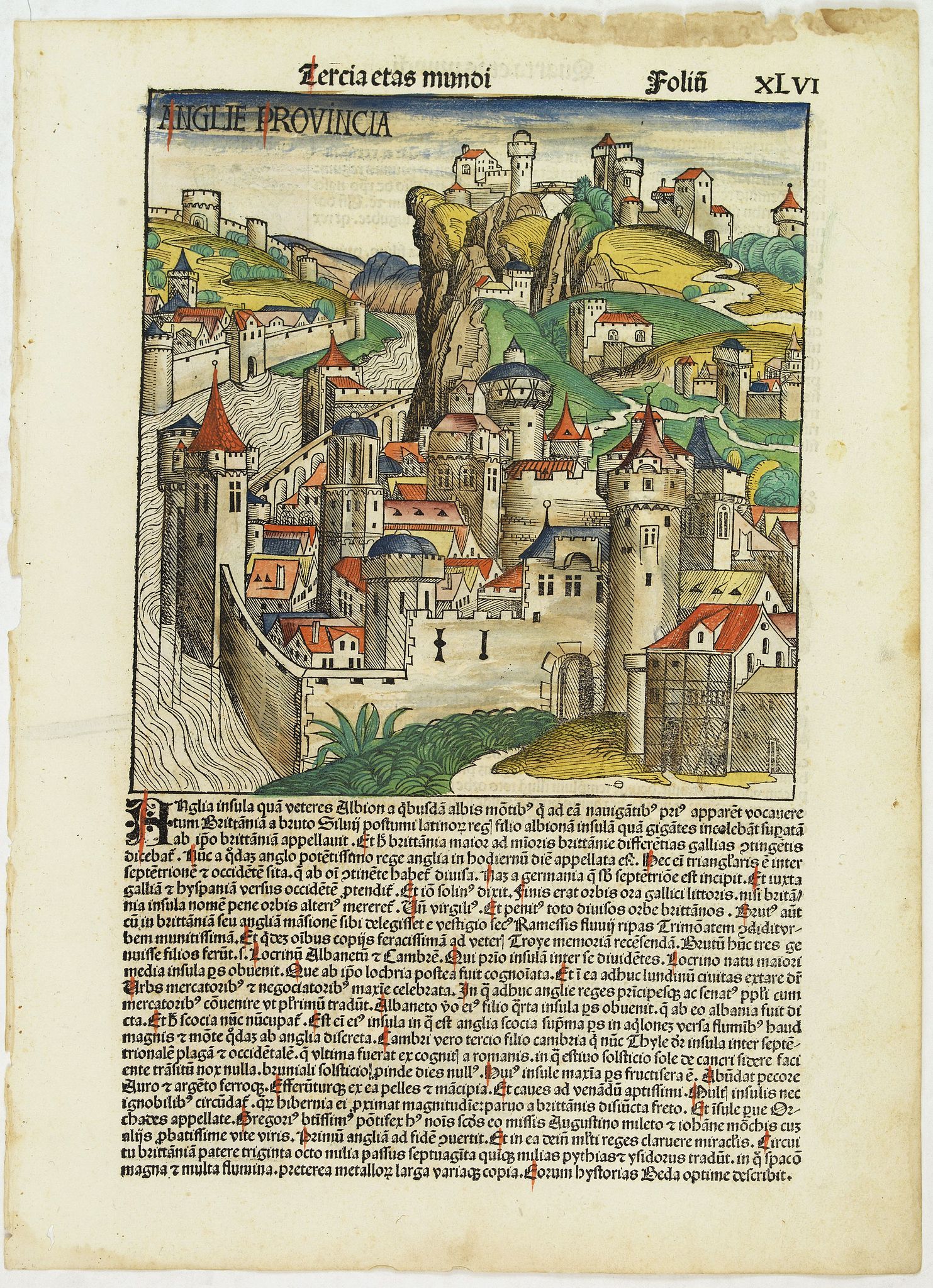 SCHEDEL, H., Tercia Etas Mundi. Folium.XLVI (A English town view), antique map, old maps