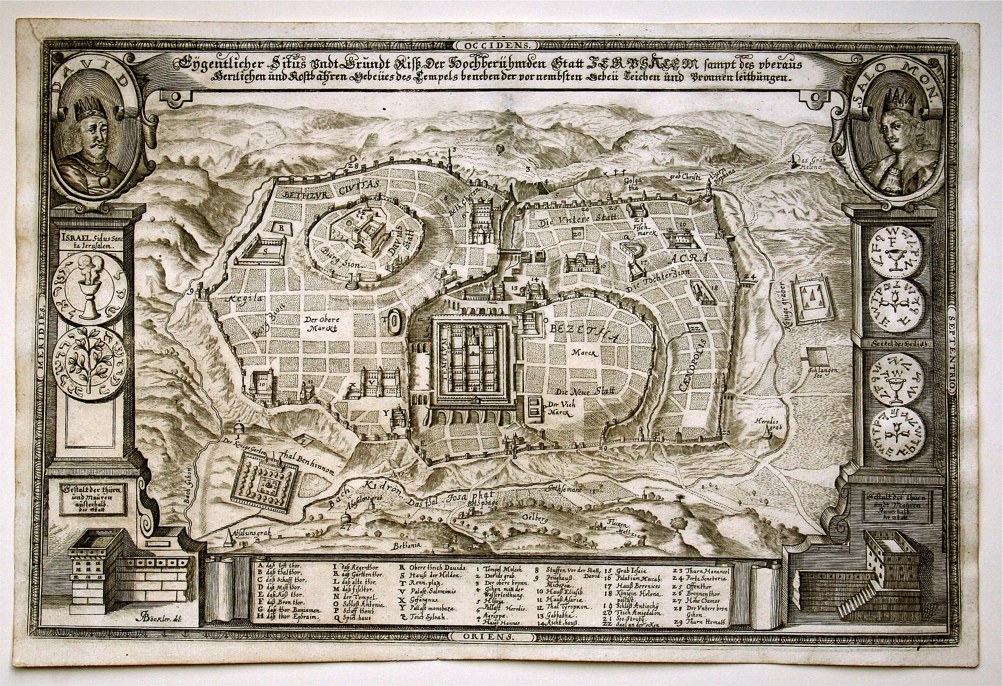 BÖCKLER, G.A., Eigentlicher Situs und Grundt Riss.. Statt Jerusalem..., antique map, old maps