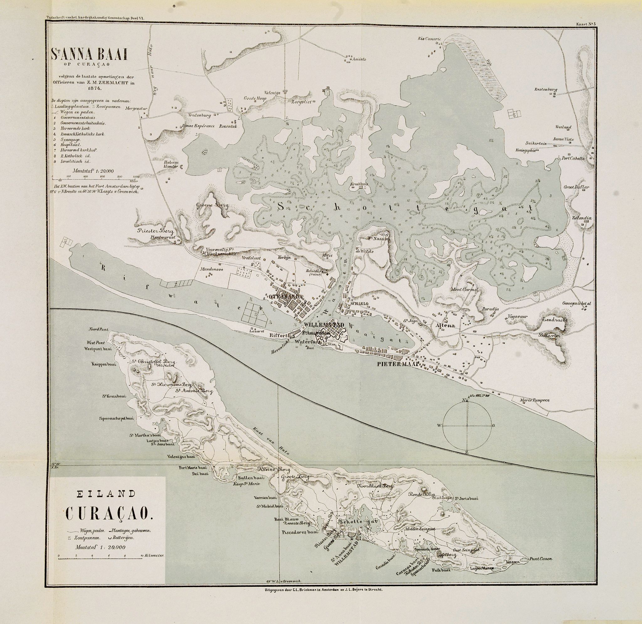 KUIJPER, J., St. Anna Baai op Curaçao. / Eiland Curaçao., antique map, old maps