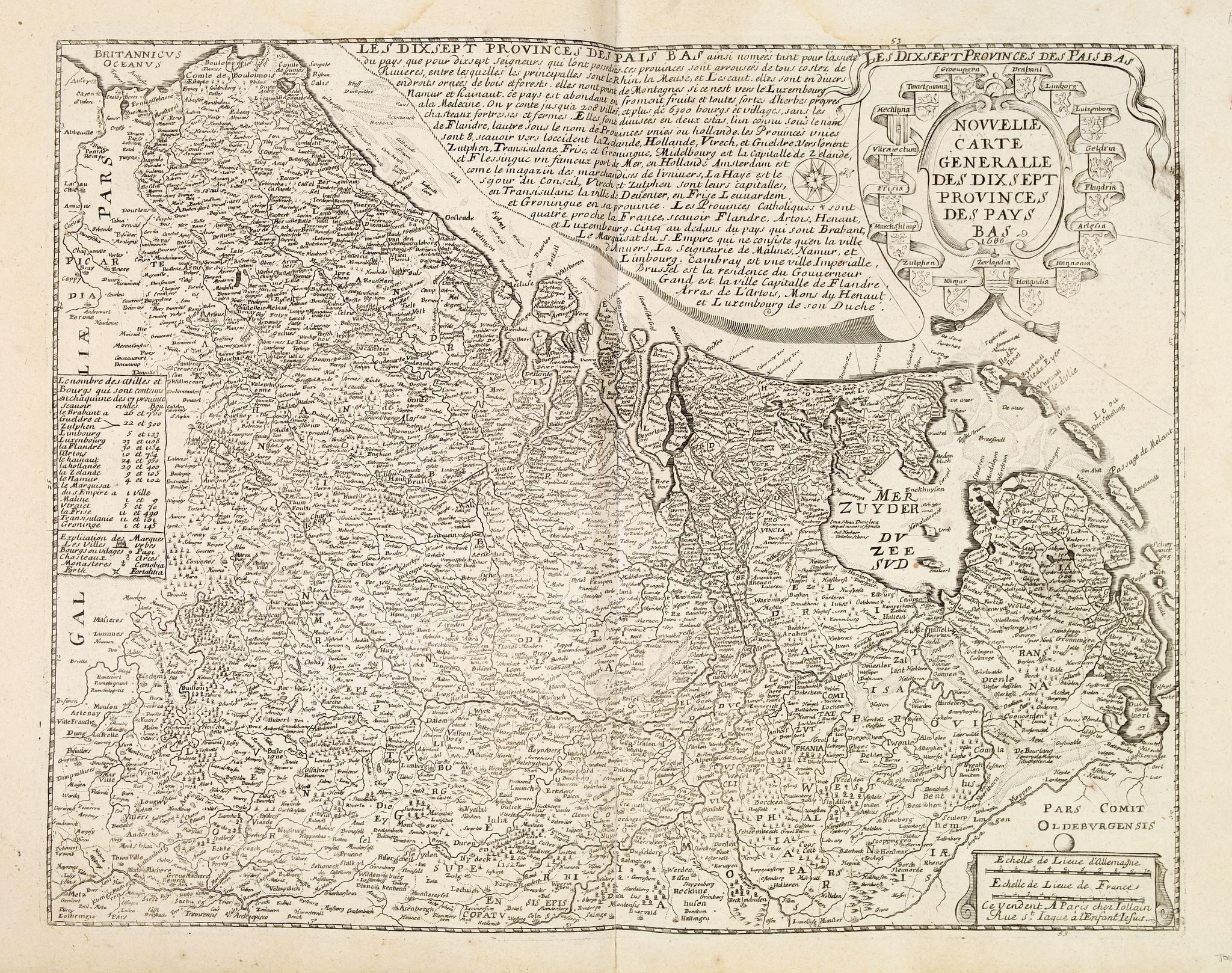 JOLLAIN, F., Nouvelle Carte Generale des Dix sept Provinces des Pays Bas. 1686, antique map, old maps