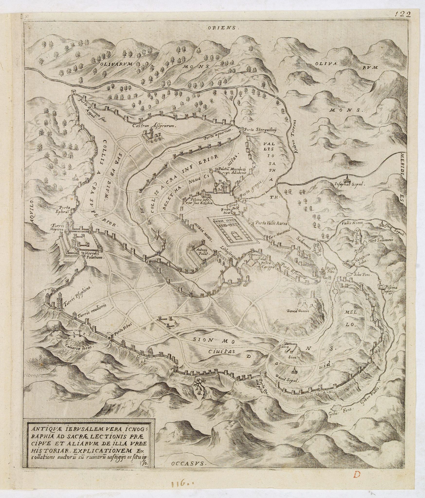 ARIAS MONTANO, B., Antiquae Ierusalem vera icnographia ad Sacræ Lectionis Præ-cipue et Aliarum de Ila Urbe Historiar. Explicationem Ex collatione auctoru tu ruinaru uestigiis ac situ ipso., antique map, old maps