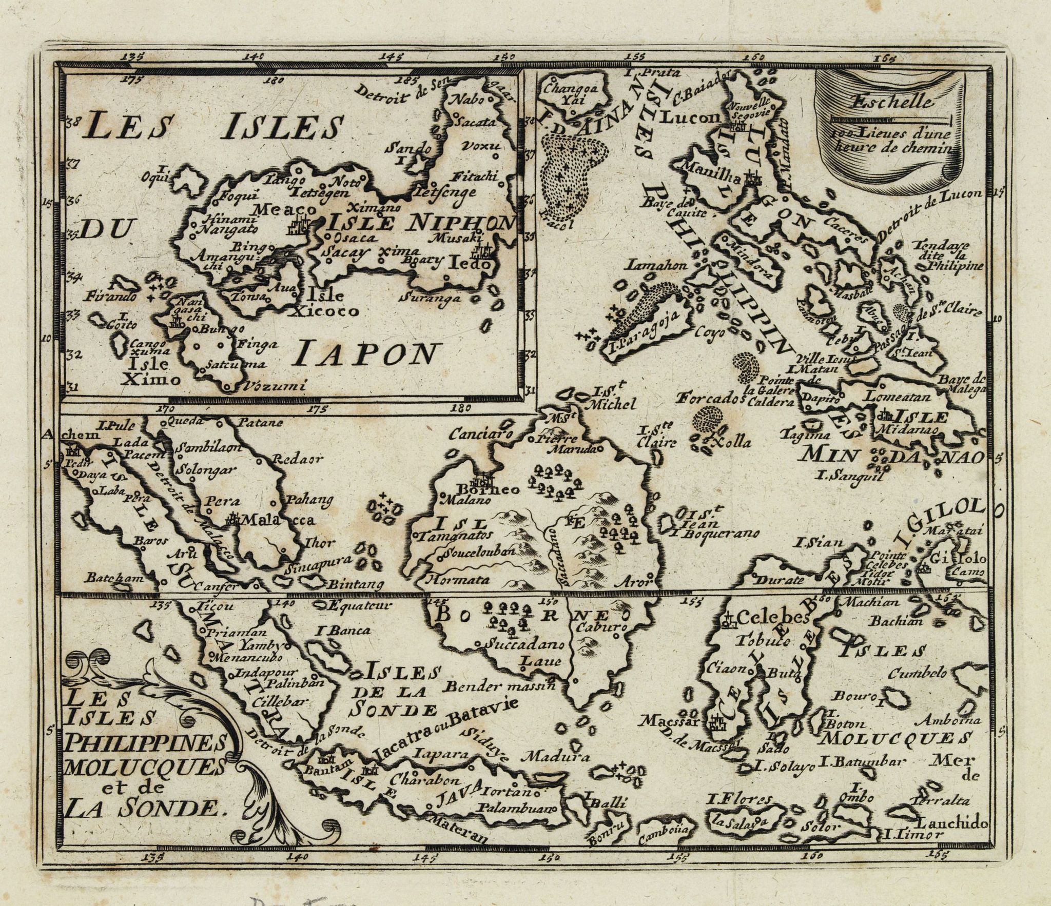 DE FER, N., Les isles Philippines, Molucques../Les isles du Iapon., antique map, old maps