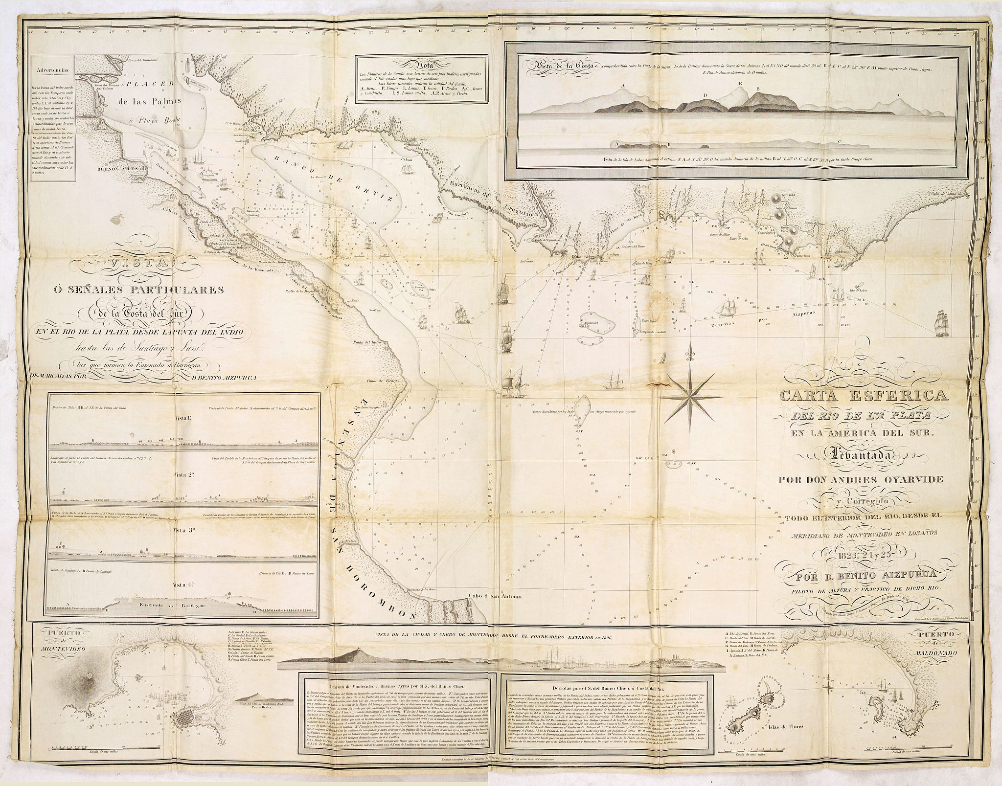 AIZPURUA, B., Carta esférica del Rio de la Plata en la América del Sur, Levantada por Don Andres Oyarvide. . ., antique map, old maps