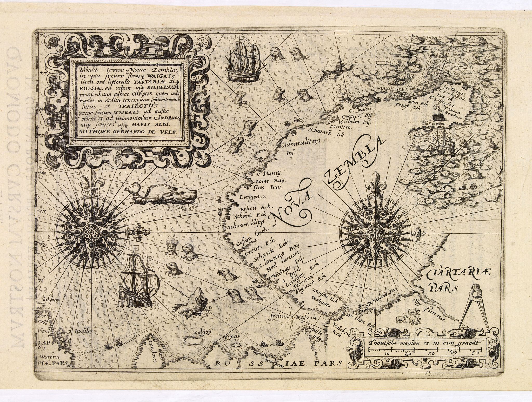 DE BRY, Th. / DE VEER, G., Theodore De Bry: Tabula terrae Novae Zemblae in qua fretum sinusq Waigats item ord littorialis Tartariae atq Russiae, ad urgem usq Kildeinam . . . Authore Gerhardo De Veer., antique map, old maps