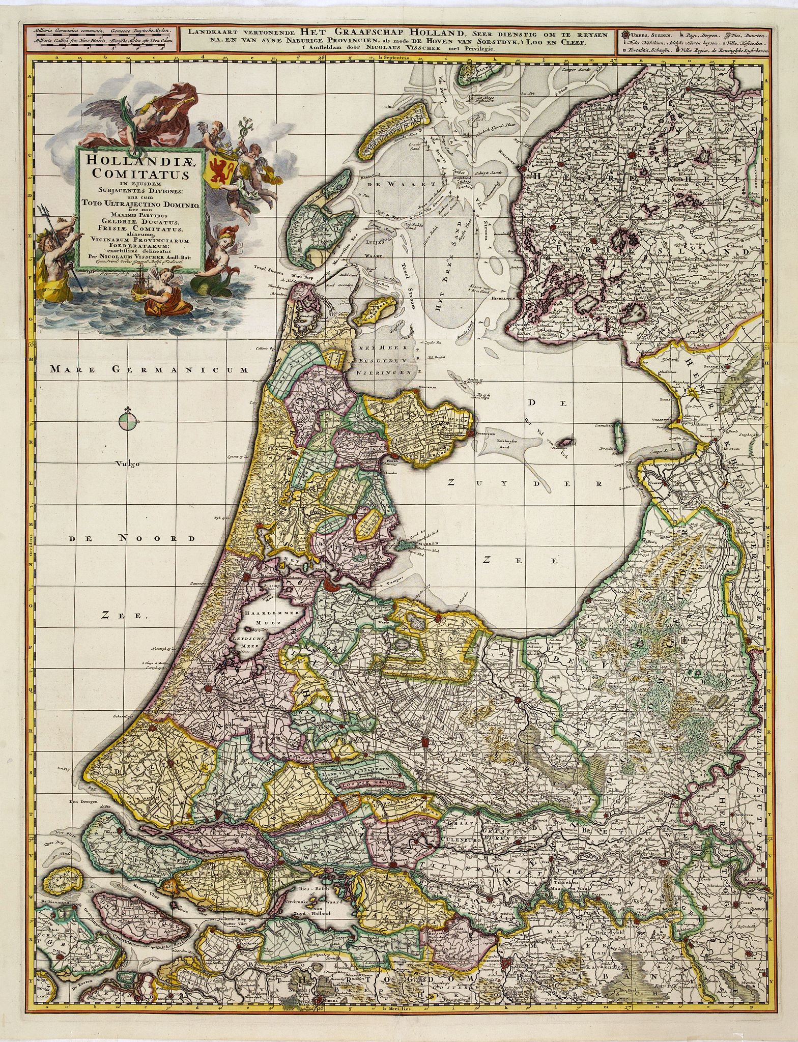 VISSCHER, N., Hollandiae comitatus in esjudem subjacentes dittones.., antique map, old maps