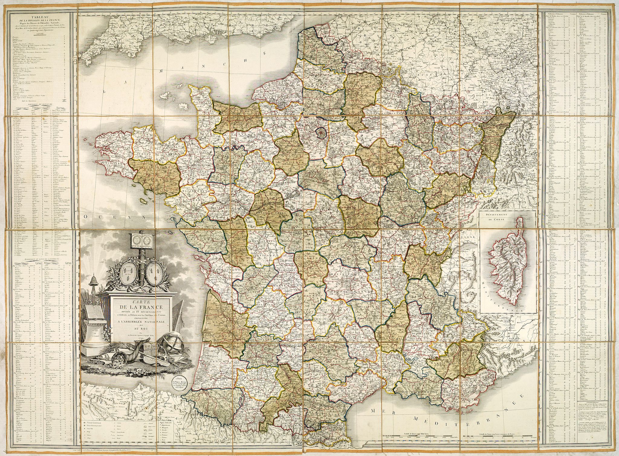 Old map by BELLEYME - Carte de la France Divisée en 83 Départements et Subdivisée en districts avec les Chefs-lieux de Cantons Présentée à l'Assemblée Nationale et au Roi.