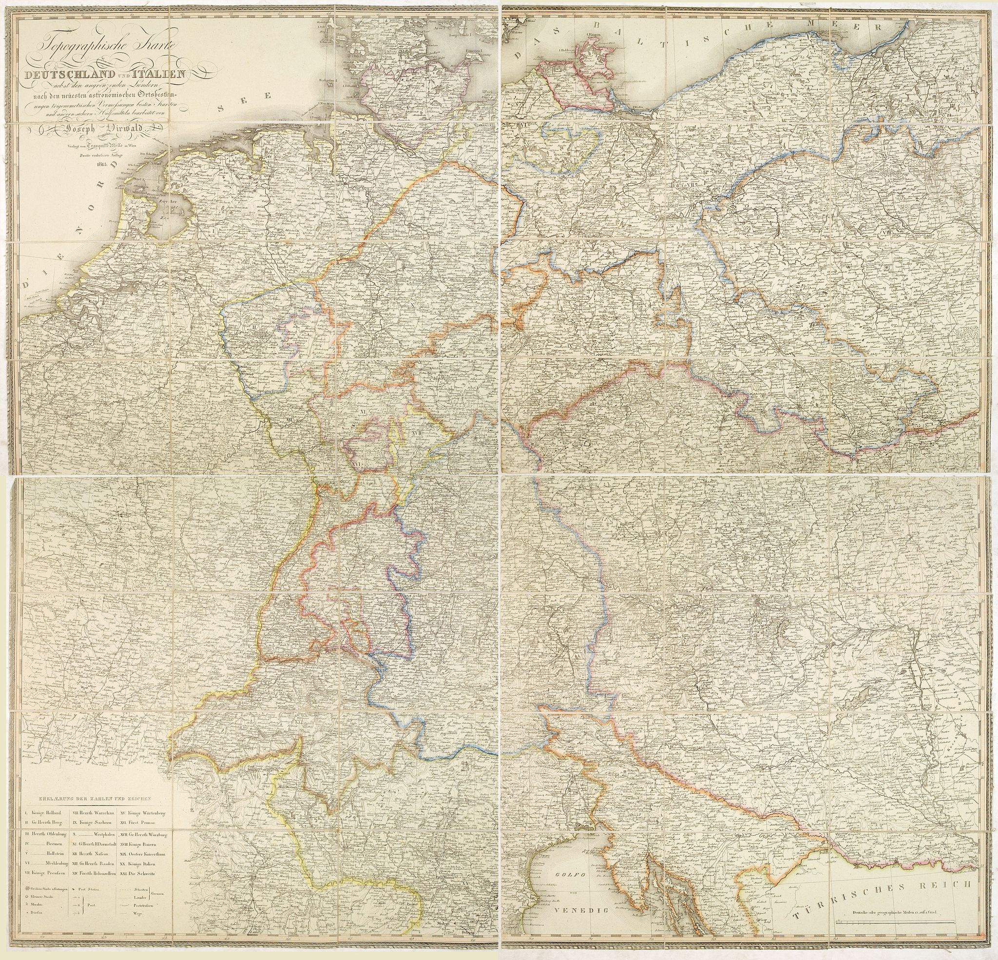 MOLLO, T. / DIRWALT, J., Topographische Karte von Deutschland und Italien nebst den angrenzenden Landern. . ., antique map, old maps