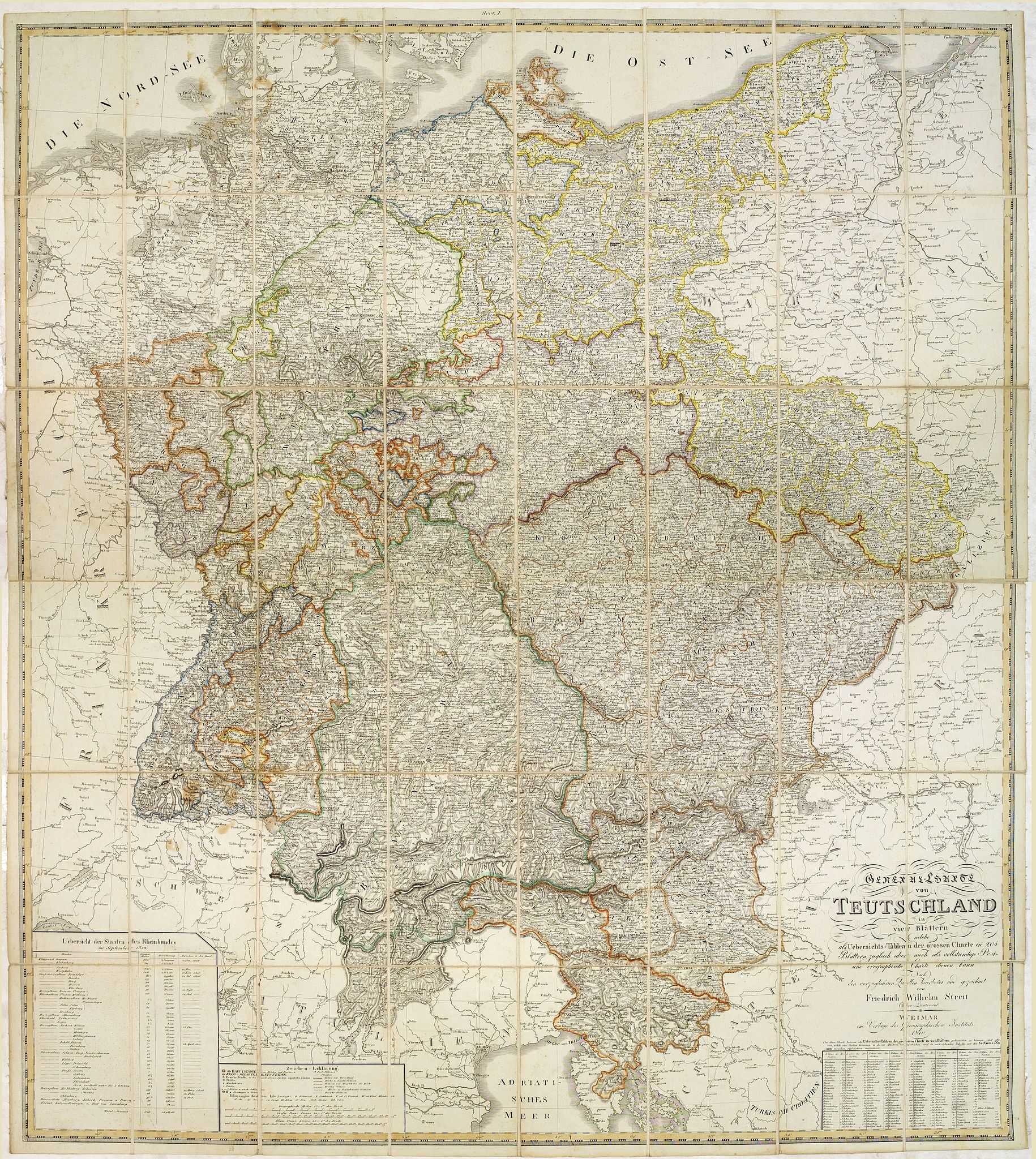 VERLAG DES GEOGRAPHISCHEN INSTITUTS, General-Karte von Teutschland in vier Blättern welche als Uebersichts-Tableau der Grosse Charte in 204 Blättern zugleich aber auch als vollständige Post- und orographische Charte dienen kann . . ., antique map, old maps