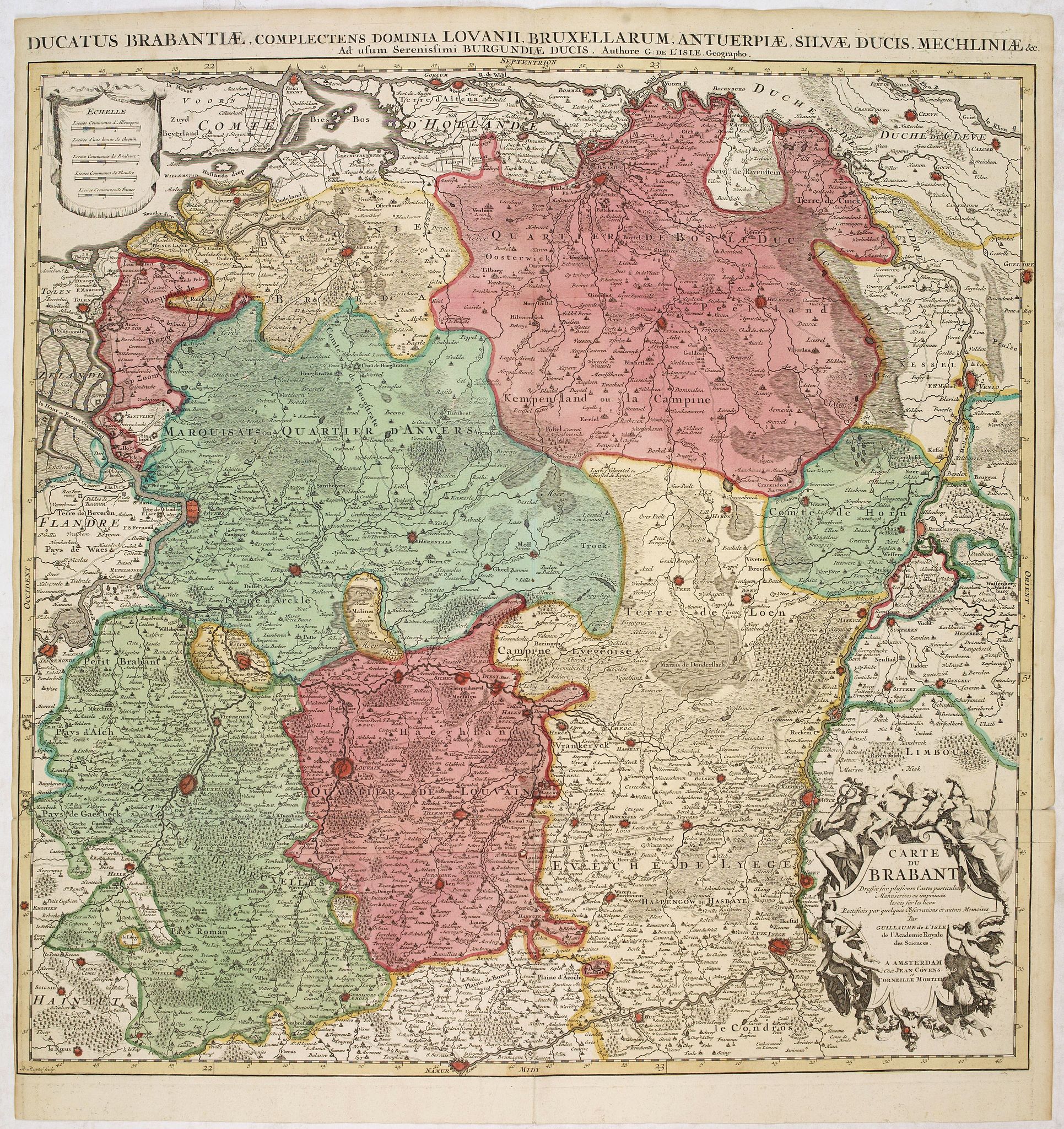 de L'ISLE, G. / COVENS, J. / MORTIER, P., Ducatus Brabantiae, complrctens dominia Lovanii, Bruxellarum, Antverpia. . . / Carte du Brabant. . ., antique map, old maps