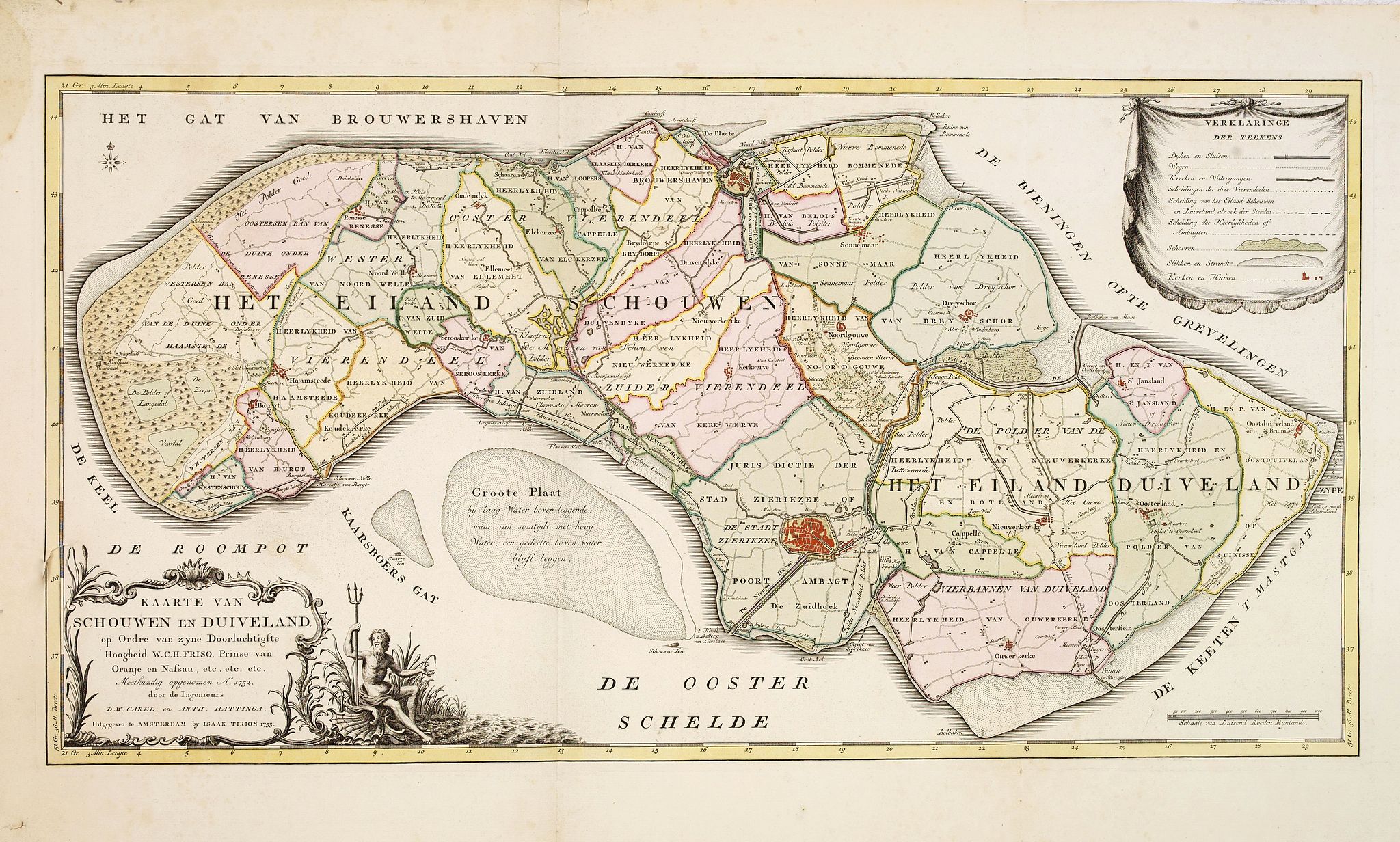 TIRION, I., Kaarte van Schouwen en Duiveland. . ., antique map, old maps