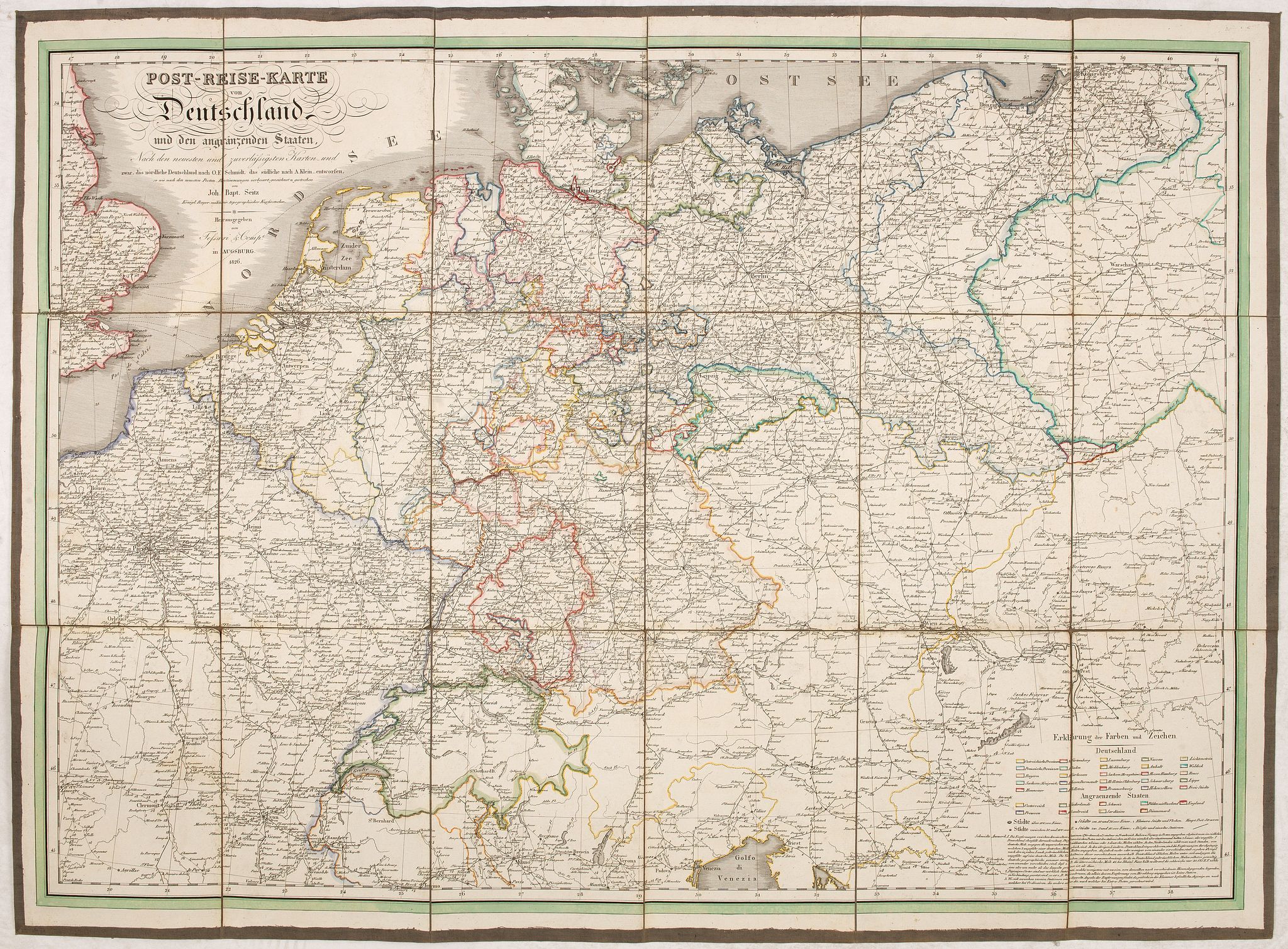 SEITZ, J-B., Post-reise-karte von Deutschland und den angränzernden Staaten., antique map, old maps
