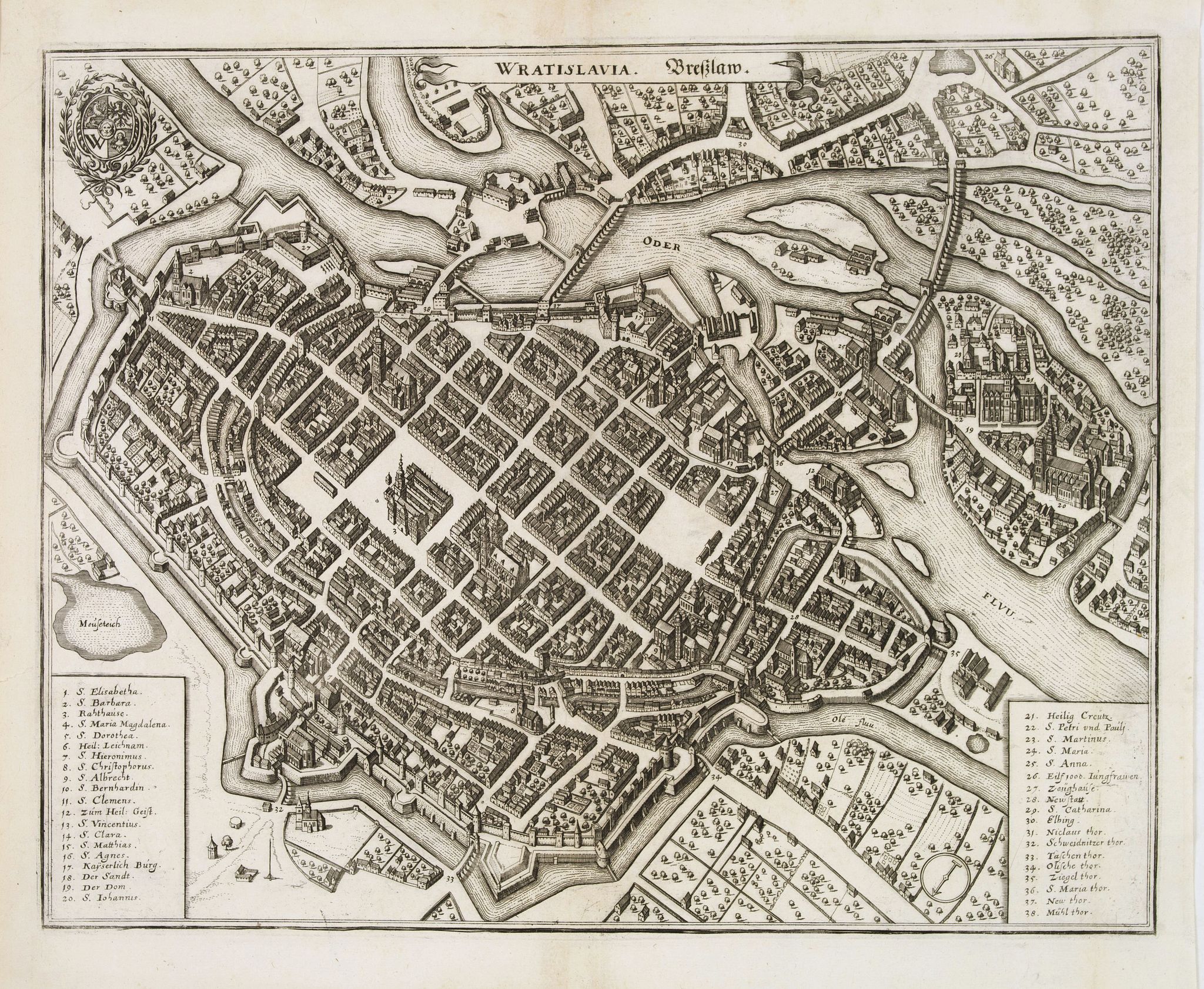 MERIAN, M., Wratislavia. Bresslaw., antique map, old maps