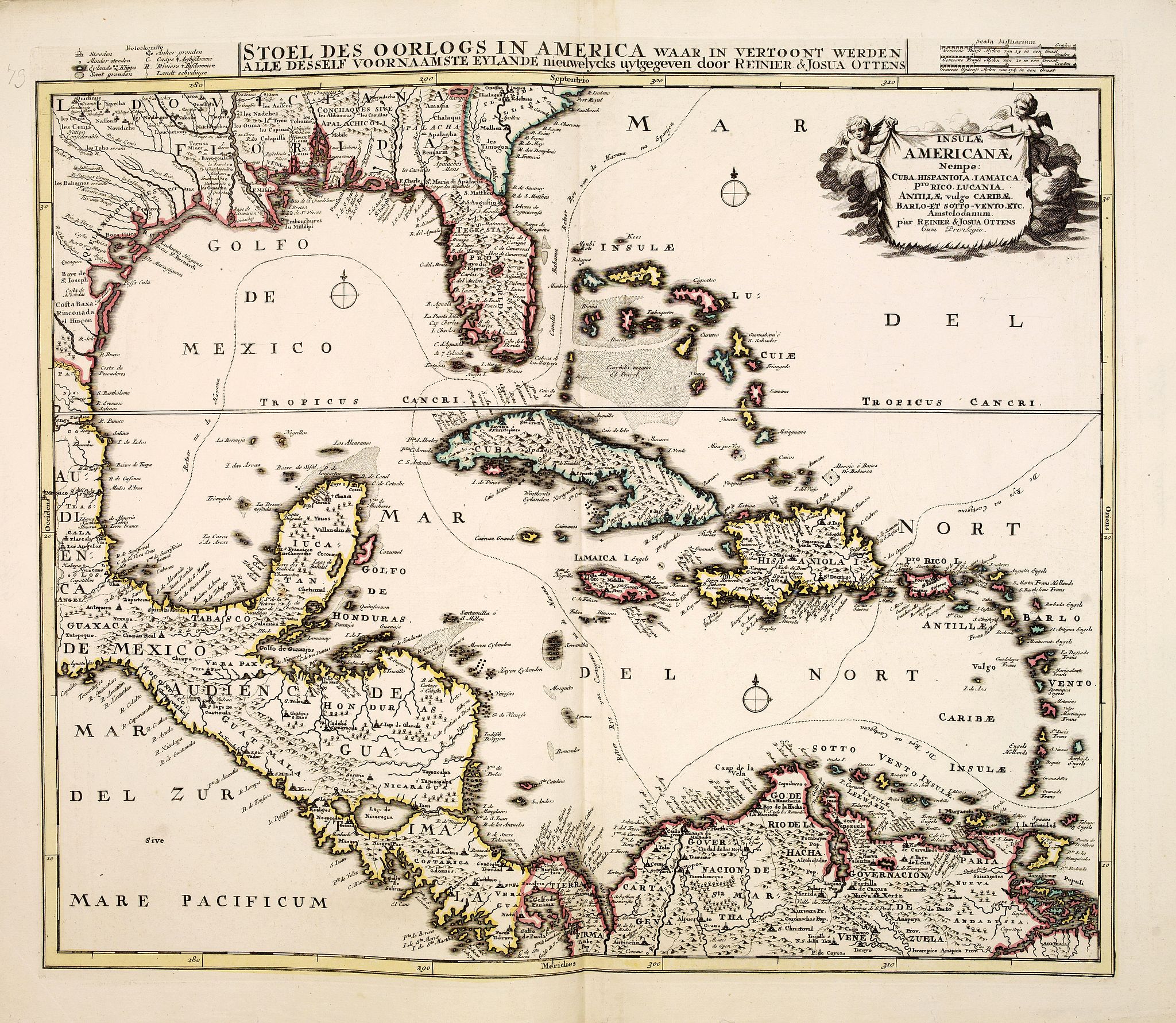 OTTENS, R. / J., Insulae Americanae Nempe: Cuba, Hispaniola, Iamaica, Pto Rico, Lucania, Antillae vulgo Caribe, Barlo-et Sotto-Vento Etc. . . ., antique map, old maps