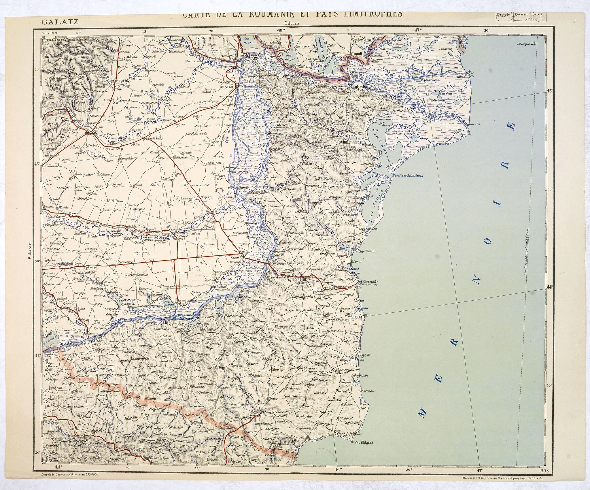 SERVICE GEOGRAPHIQUE DE L'ARMEE., Carte de la Roumanie et Pays limitrophes. Odessa. GALATZ., antique map, old maps