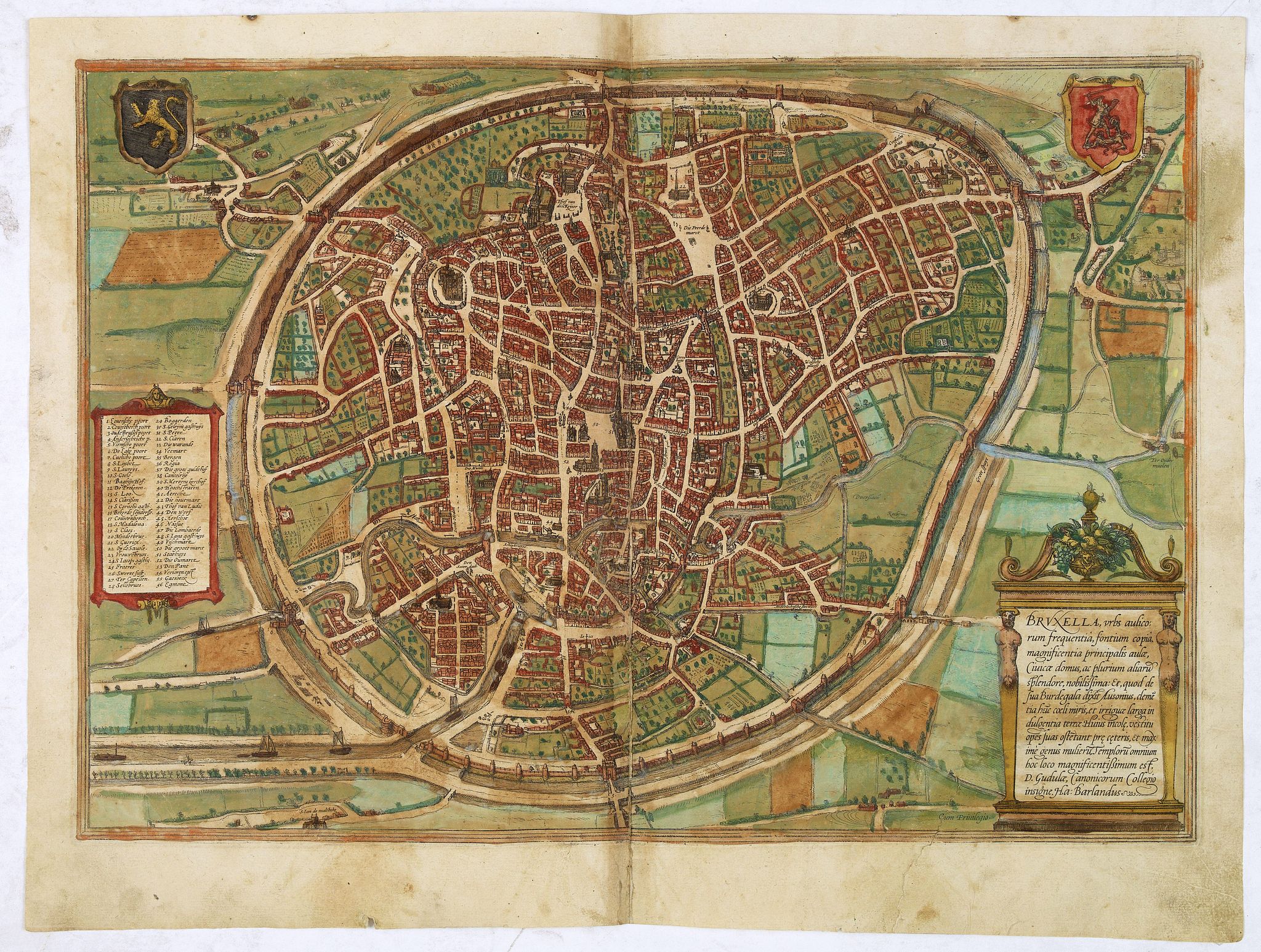 BRAUN,G. / HOGENBERG, F., Bruxella, Urbs Aulicorum Frequentia, Fontium Copia, Magnificentia Principalis Aulae (Brussels), antique map, old maps