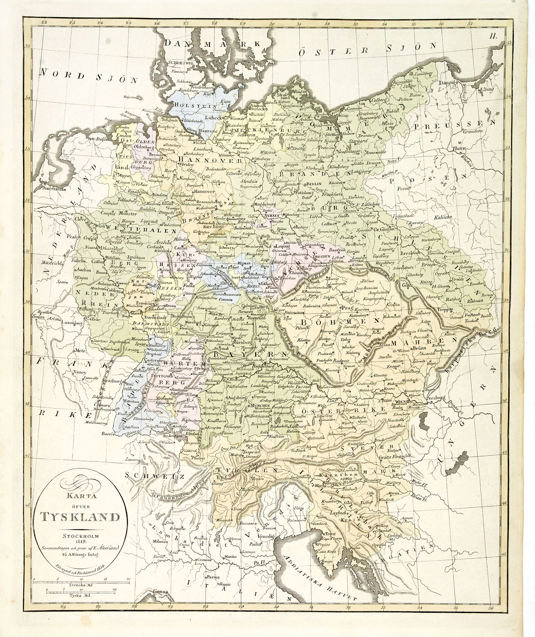 ÅKERLAND, E, Karta öfver Tyskland., antique map, old maps
