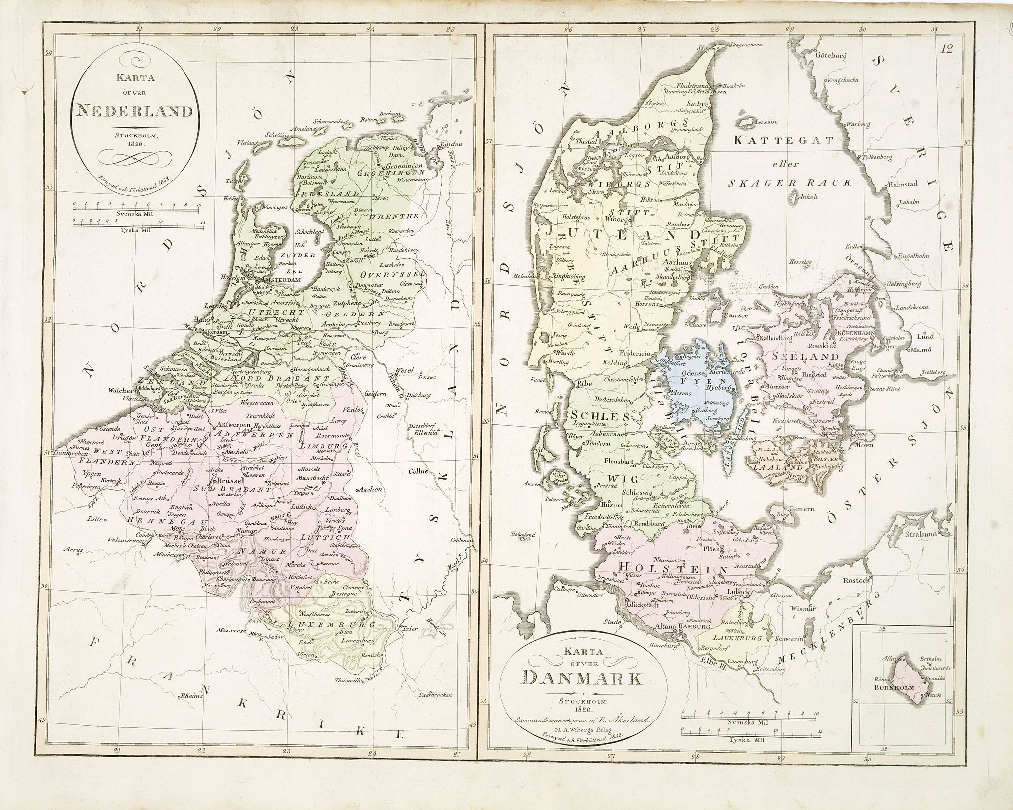 ÅKERLAND, E., Karta öfver Nederland. / Karta öfver Danmark., antique map, old maps