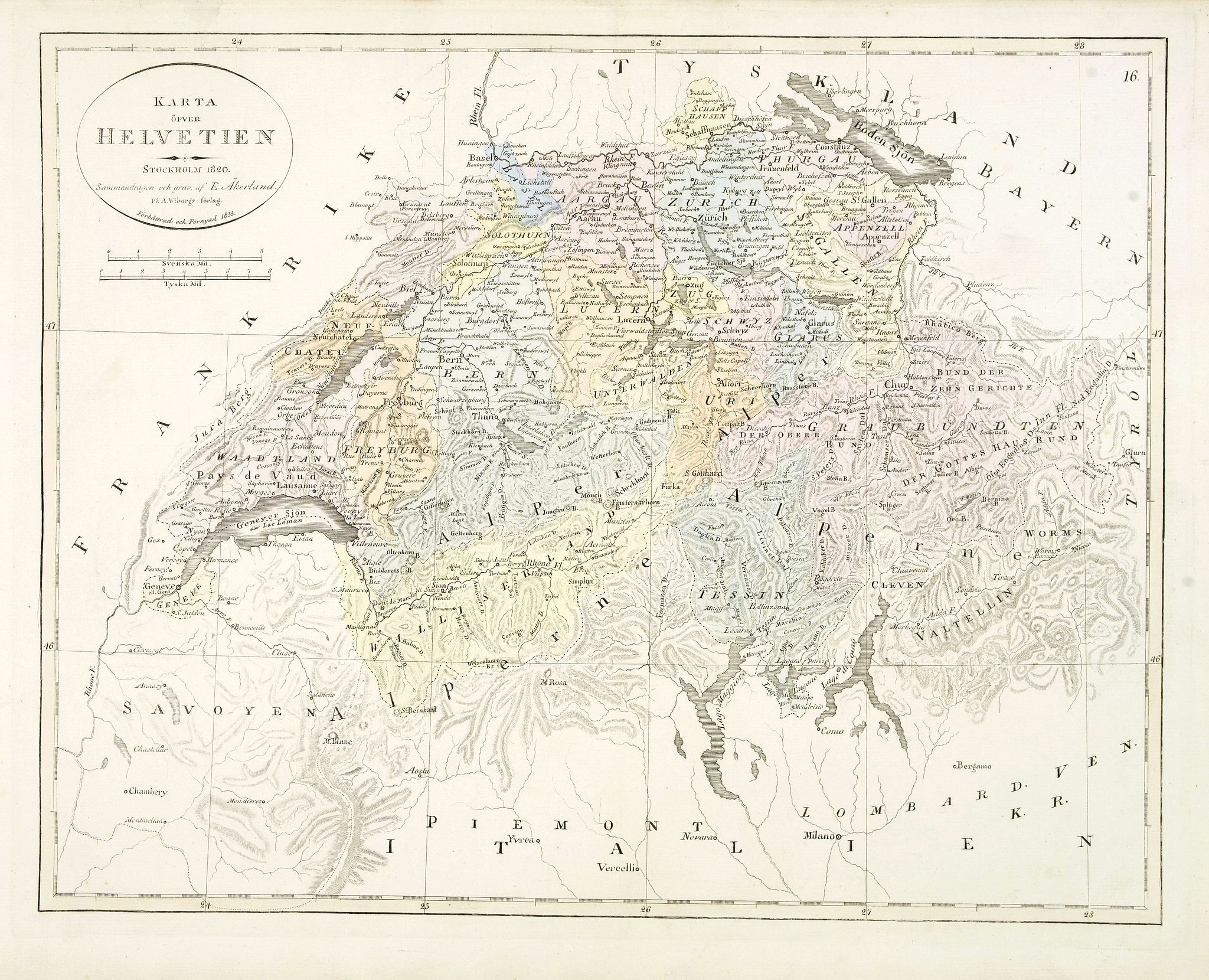 ÅKERLAND, E., Karta öfver Helvetien., antique map, old maps