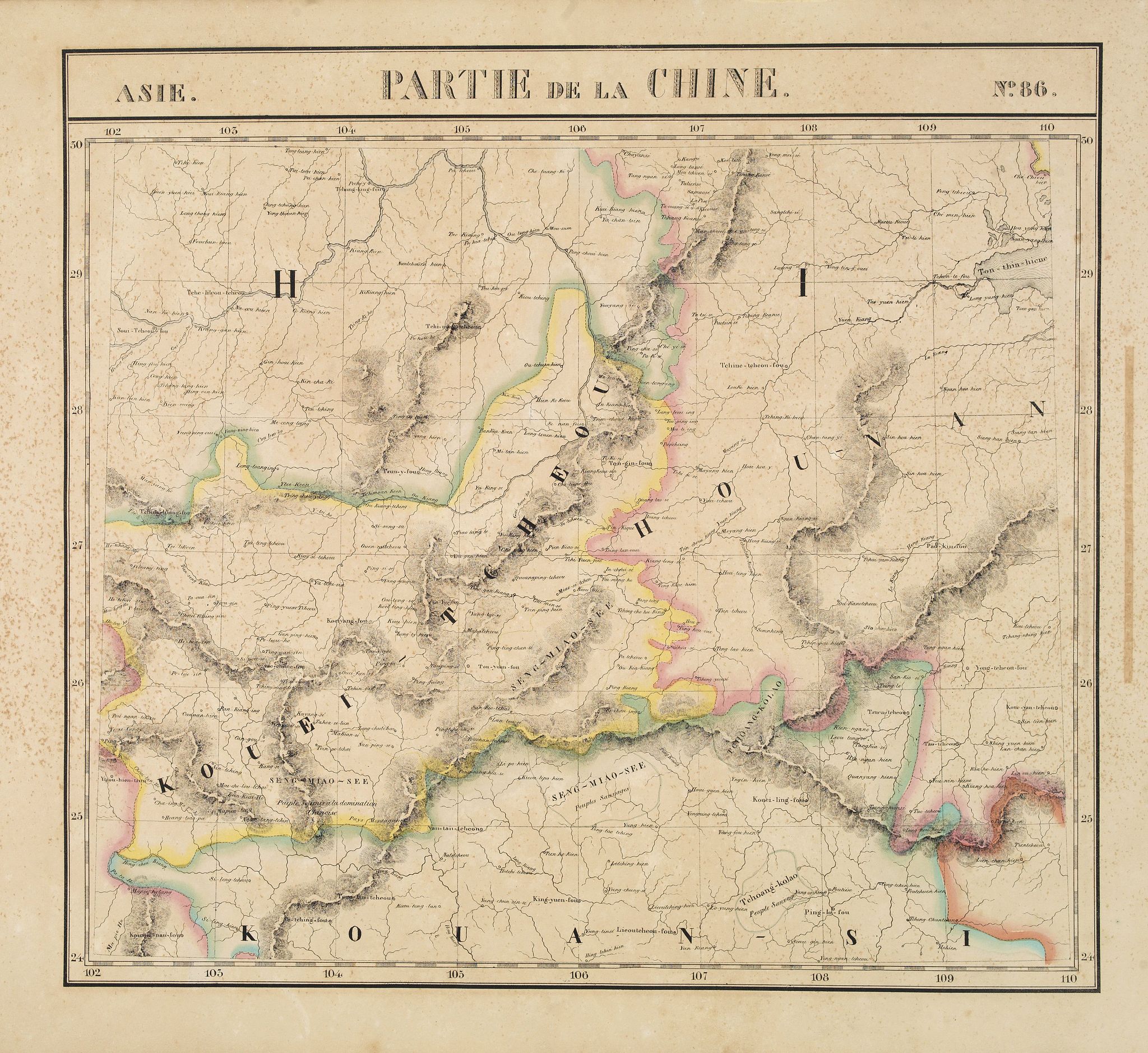 VANDERMAELEN, Ph., Partie de la Chine N°86. (Covers Guizhou and parts of Yunnan, Guangxi, Hunan, Hubei and Sichuan.), antique map, old maps