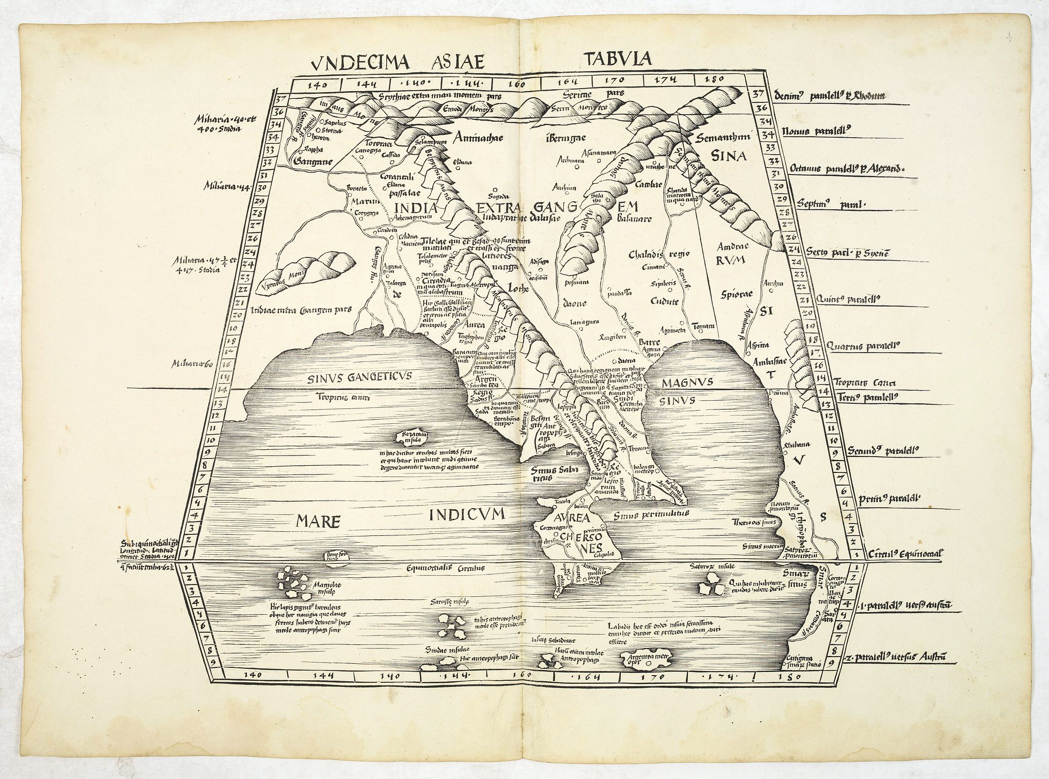 PTOLEMY, C. / WALDSEEMÜLLER, M., Undecima Asiae Tabula (Bangladesh, Burma, India, Thailand), antique map, old maps