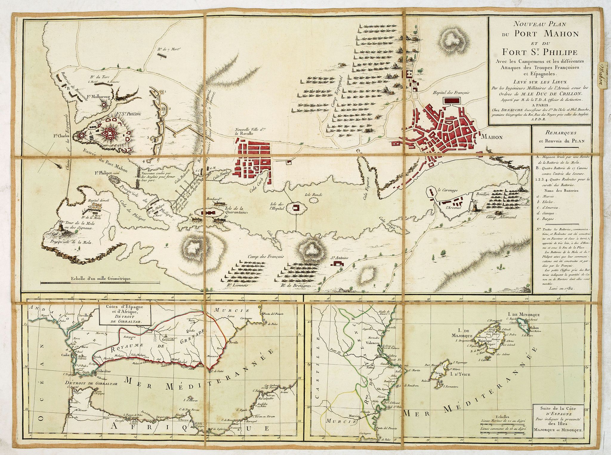 DEZAUCHE, Nouveau Plan du port Mahon et du fort St Philipe Avec les Campements et les différentes Attaques des Troupes Françoises et Espagnoles. . ., antique map, old maps