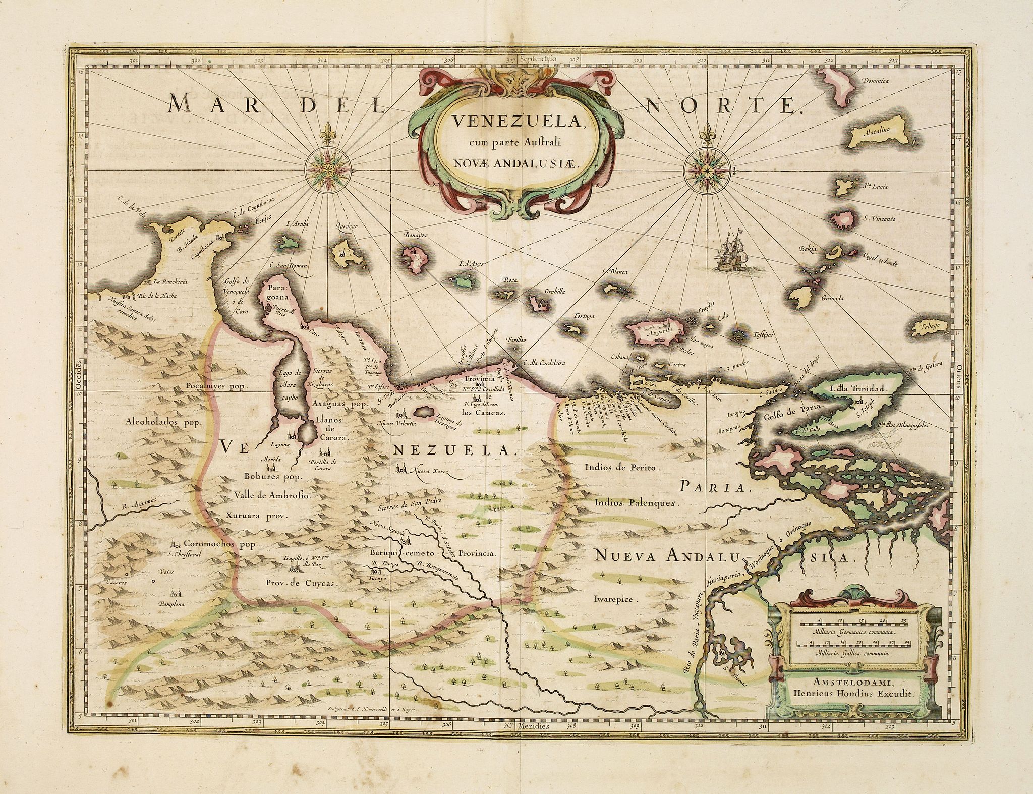 HONDIUS, H., Venezuela cum parte Australi Novae Andalusiae., antique map, old maps