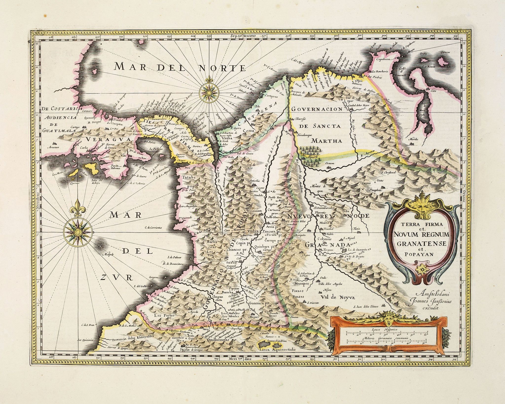 JANSSONIUS, J., Terra Firma et Novum regnum Granatense et Propayan., antique map, old maps