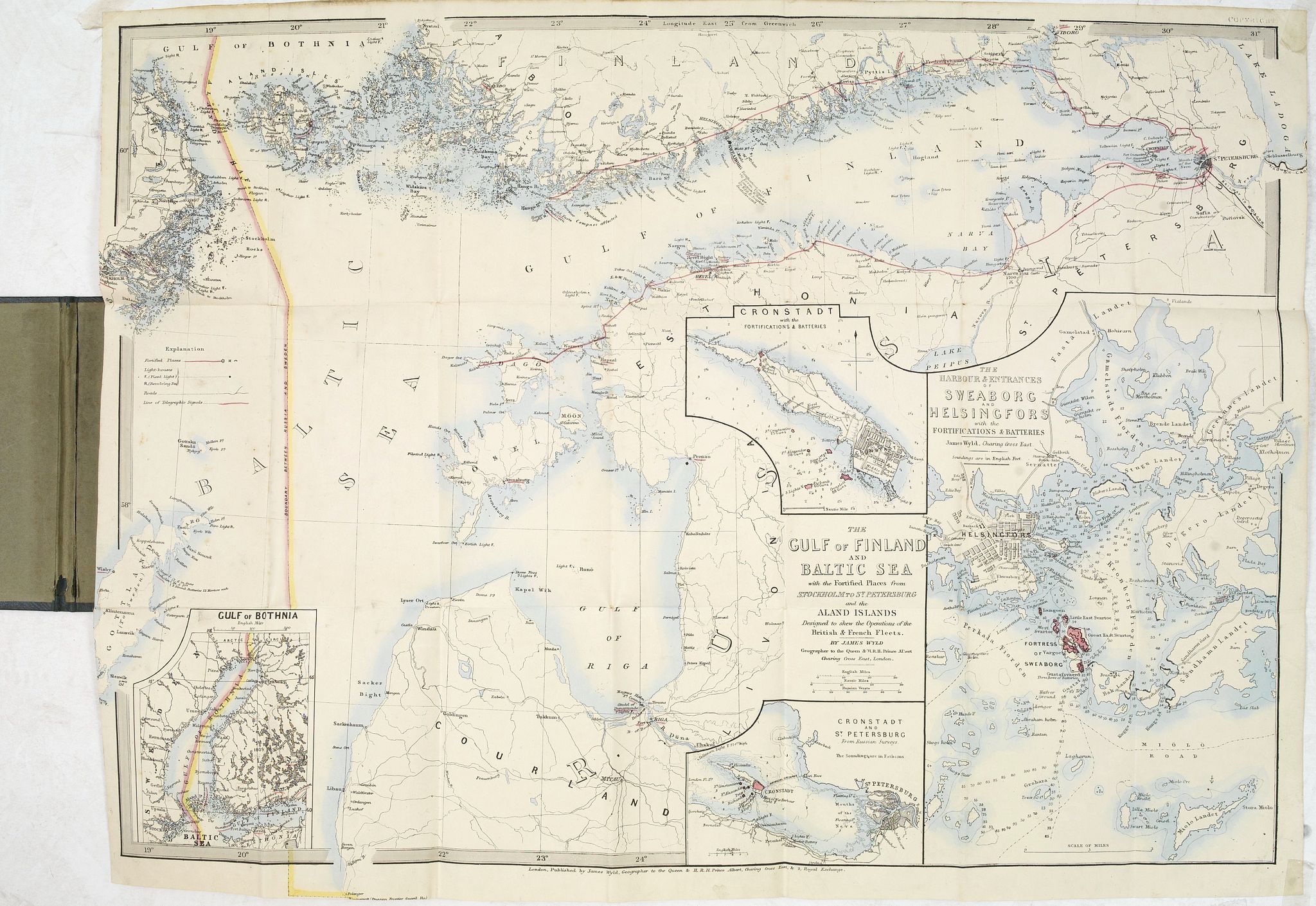 WYLD, J., The Gulf of Finland and Baltic Sea with the fortified places from Stockholm to St.Petersburg. . . / Gulf of Bothia. / Cronstadt and St. Petersburg. . . / The harbour & entrances of Sweaborg and Helsingfors. . . Cronstadt. . ., antique map, old maps