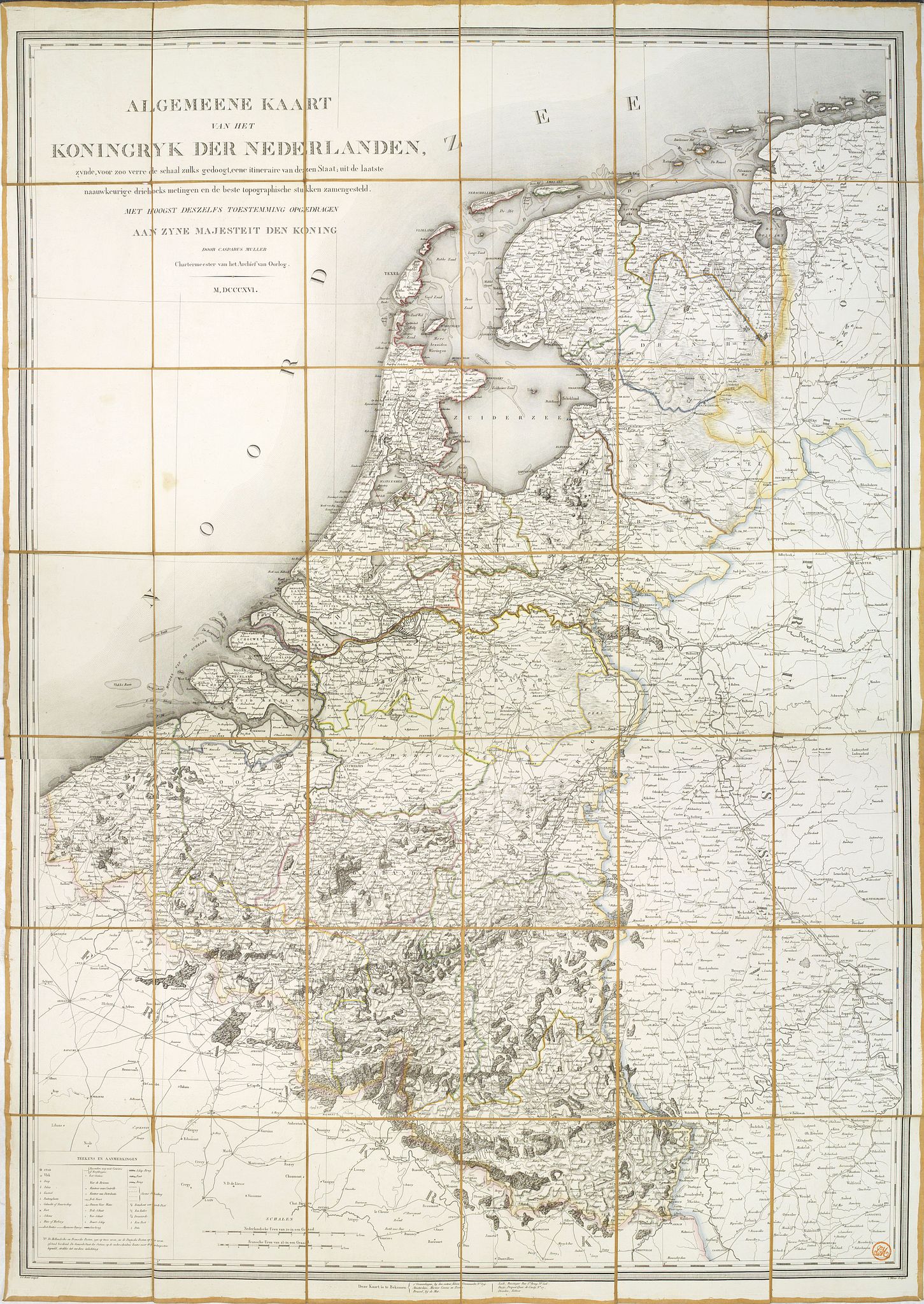 MULLER, C., Algemeene kaart van het Koningryk der Nederlanden, zynde, voor zoo verre de schaal zulks gedoogt, eene itineraire van dezen Staat uit de laatste naauwkeurige driehoeks metingen en de beste topographische stukken zamengesteld. . ., antique map, old maps