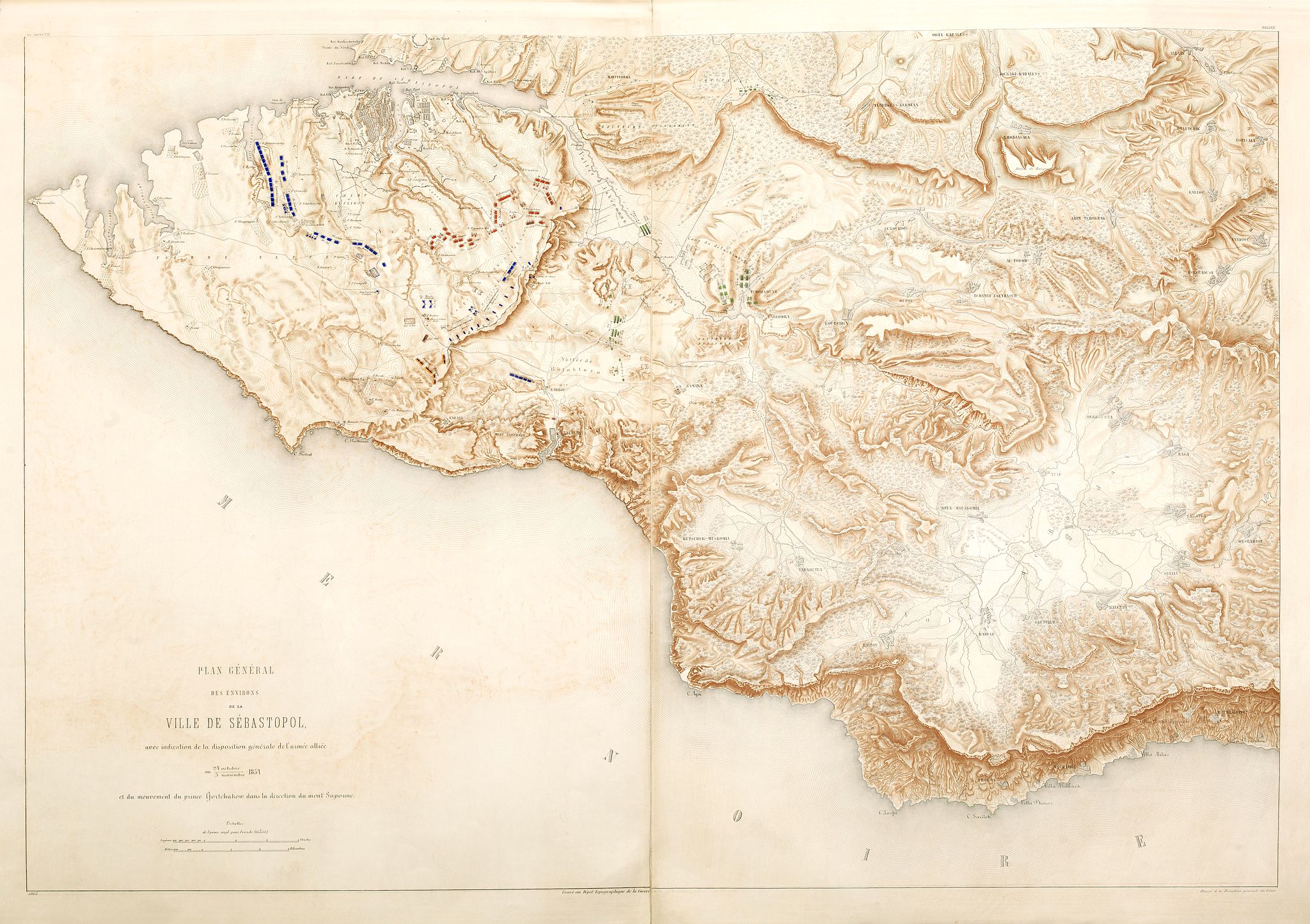 DEPOT TOPOGRAPH. DE LA GUERRE, Plan général des environs de Sébastopol avec indication de la disposition générale de l'armée alliée au 24 octobre / 5 novembre 1854 et du mouvement du prince Gortchakow vers le mont Sapoune., antique map, old maps