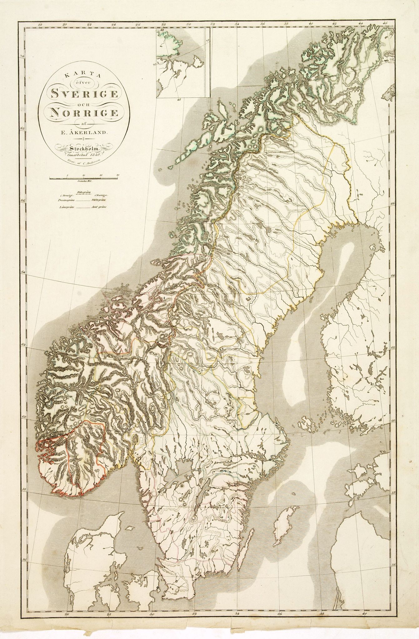 ÅKERLAND, E, Karta öfver Sverige och Norrige., antique map, old maps