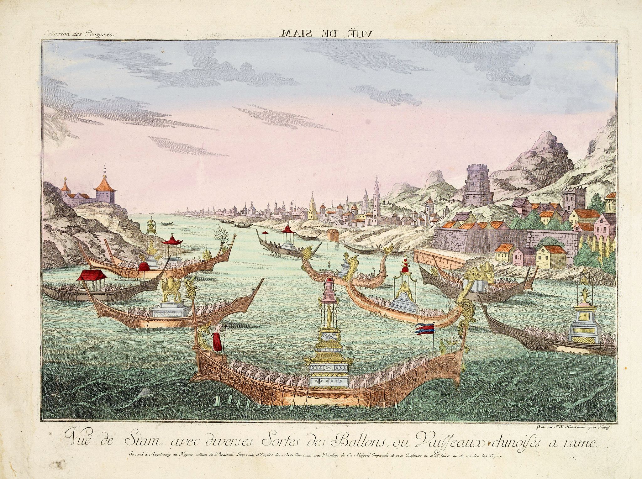 ACADEMIE IMPERIALE, Vue de Siam avec diverses Sortes des Ballons, ou Vaisseaux Chinoise a rame., antique map, old maps
