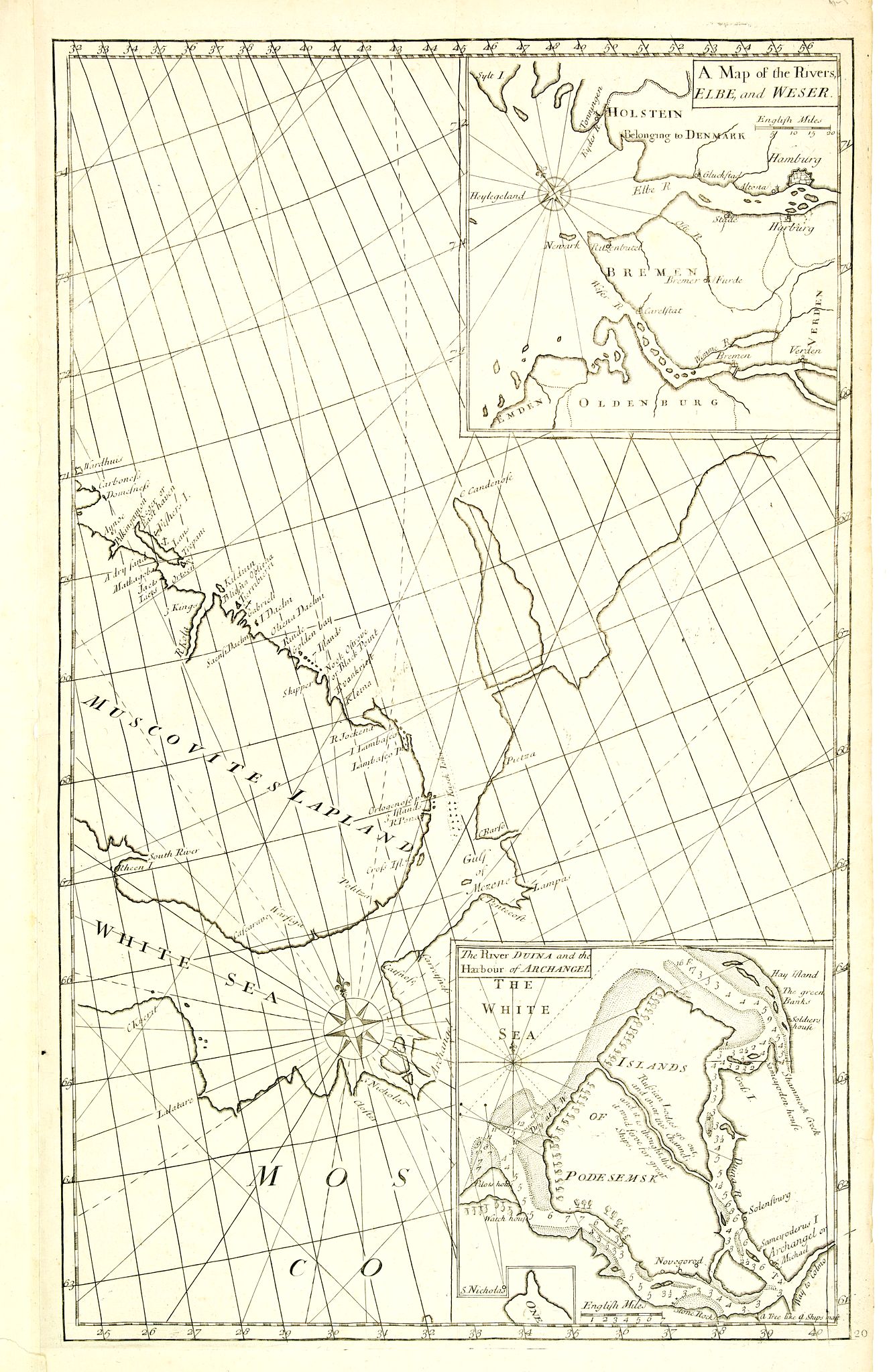 HARRIS, J., A Chart of the Sound -- A Map of the rivers Elbe and Weser -- The River Dvina and the harbour of Archangel., antique map, old maps