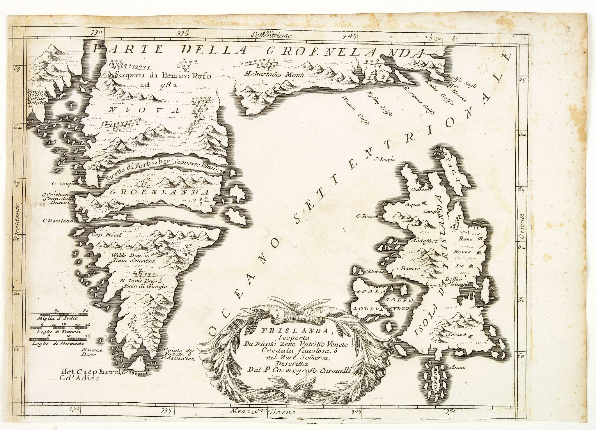 CORONELLI, V.M., Frislanda, Scoperta da Nicolo Zeno Patritio Veneto Creduta Favolosa, o nel Mare Somersa . . ., antique map, old maps