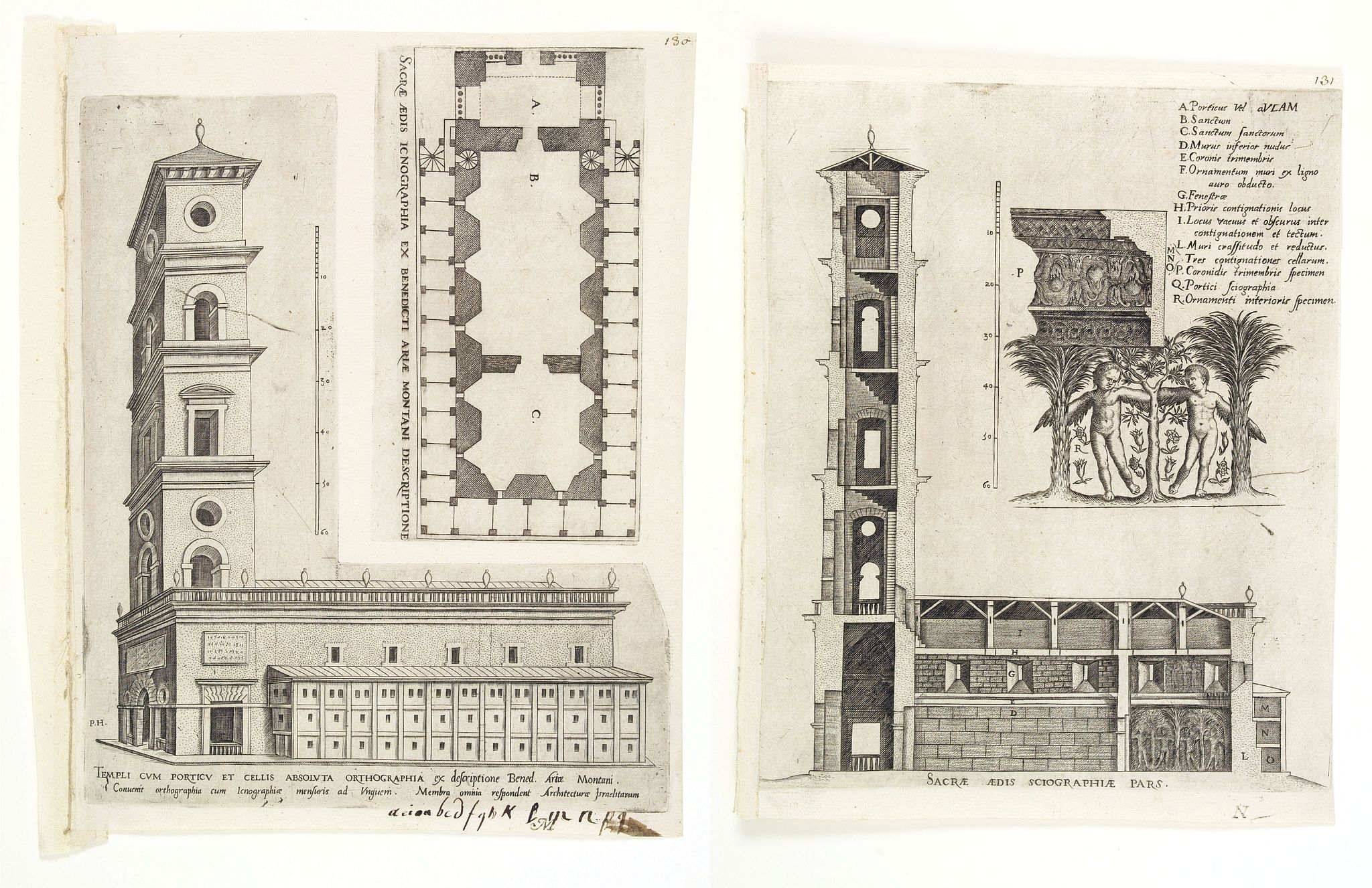 ARIAS MONTANUS, B., (2 prints) Sacrae aedis sciographiae pars. / Templi cum porticu et cellis absoluta orthographia …, antique map, old maps