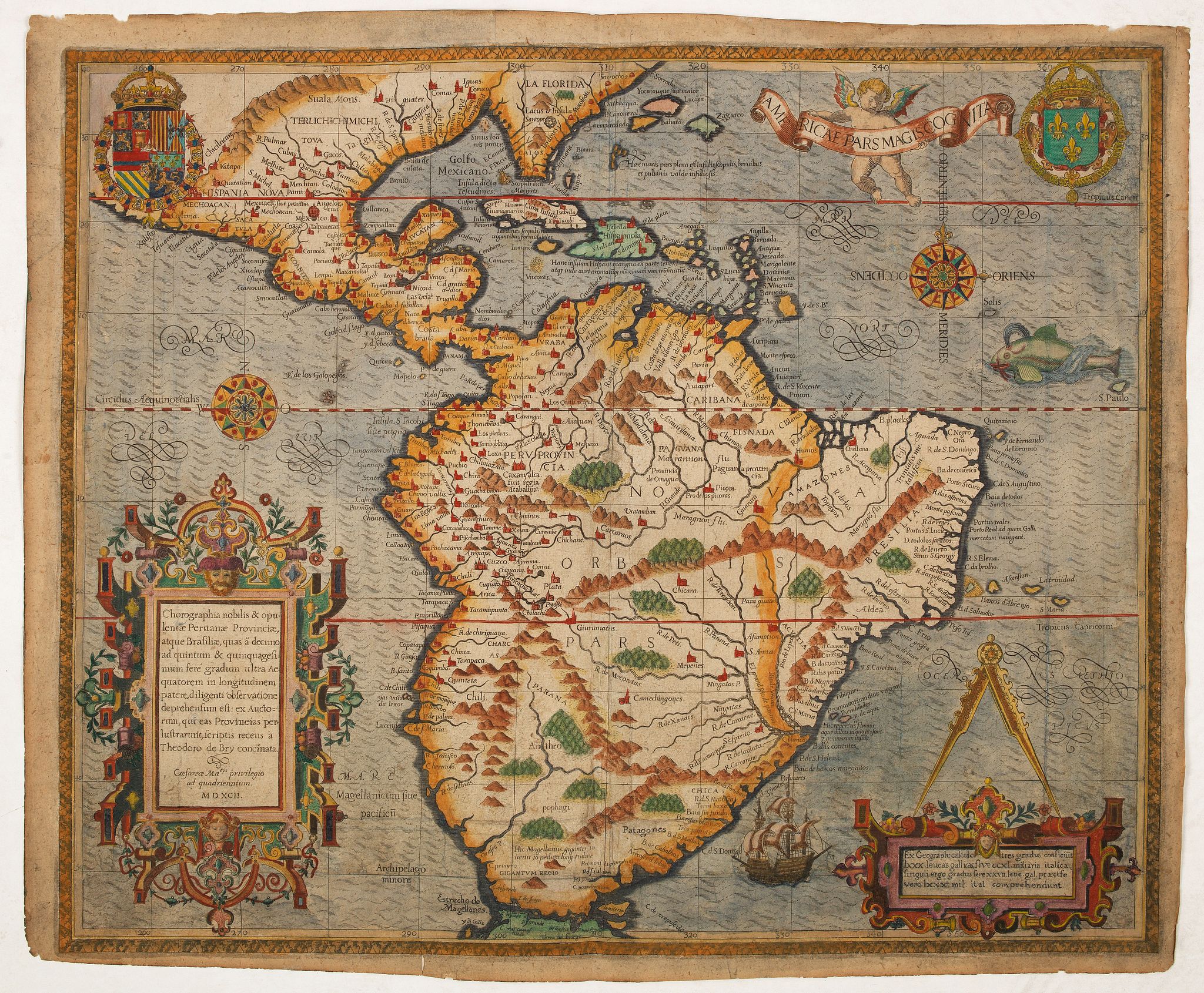 DE BRY, Th., Americae Pars Magis Cognita. Chorographia nobilis & opulentae Peruanae Provinciae, atque Brasiliae, . . . MDXCII, antique map, old maps