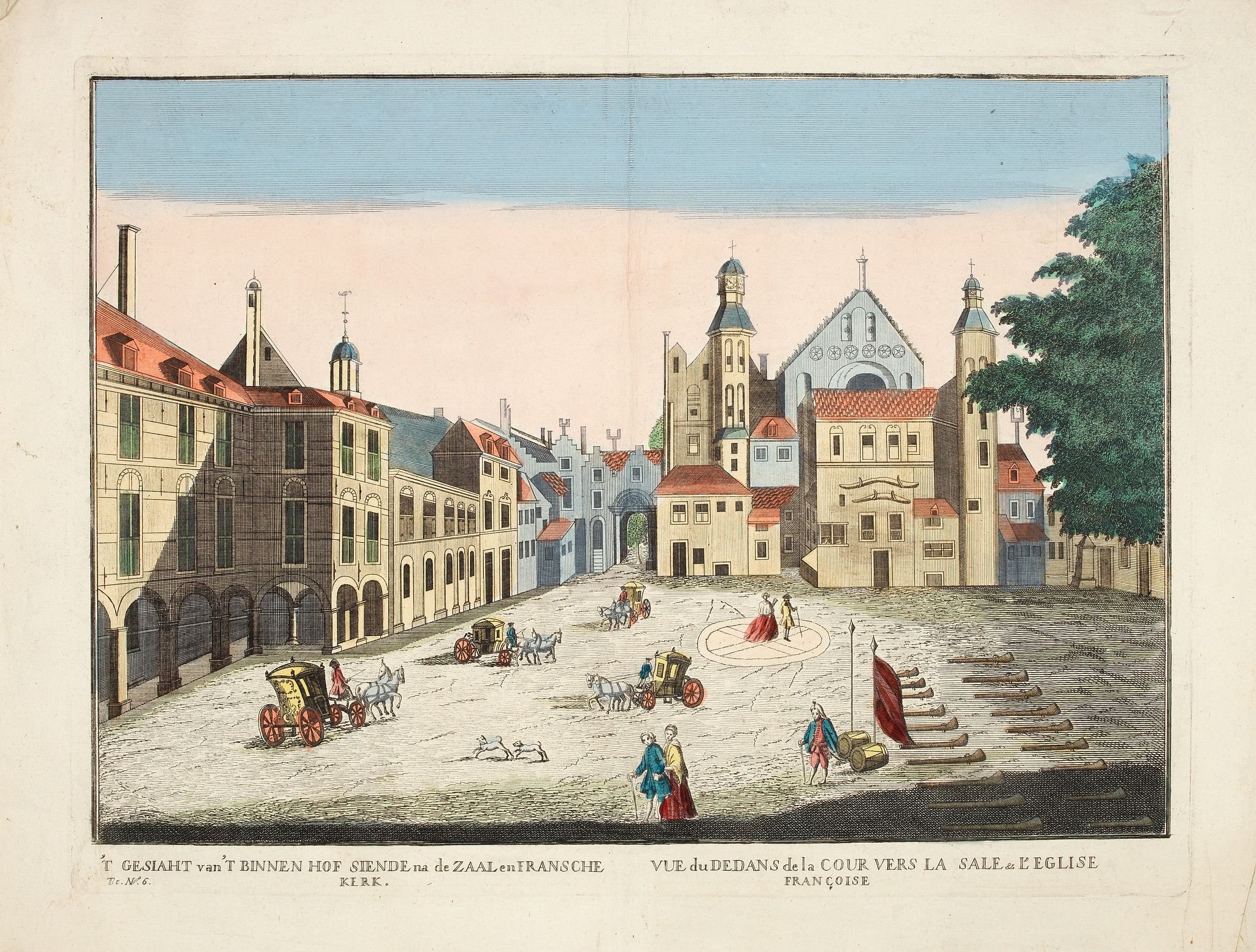 ANONYMOUS, 'T Gesiaht van 't Binnen Hof Siende na de Zaal en Fransche Kerk Vue du Dedans de la Cour Vers la Sale &. l'Eglise Françoise, antique map, old maps