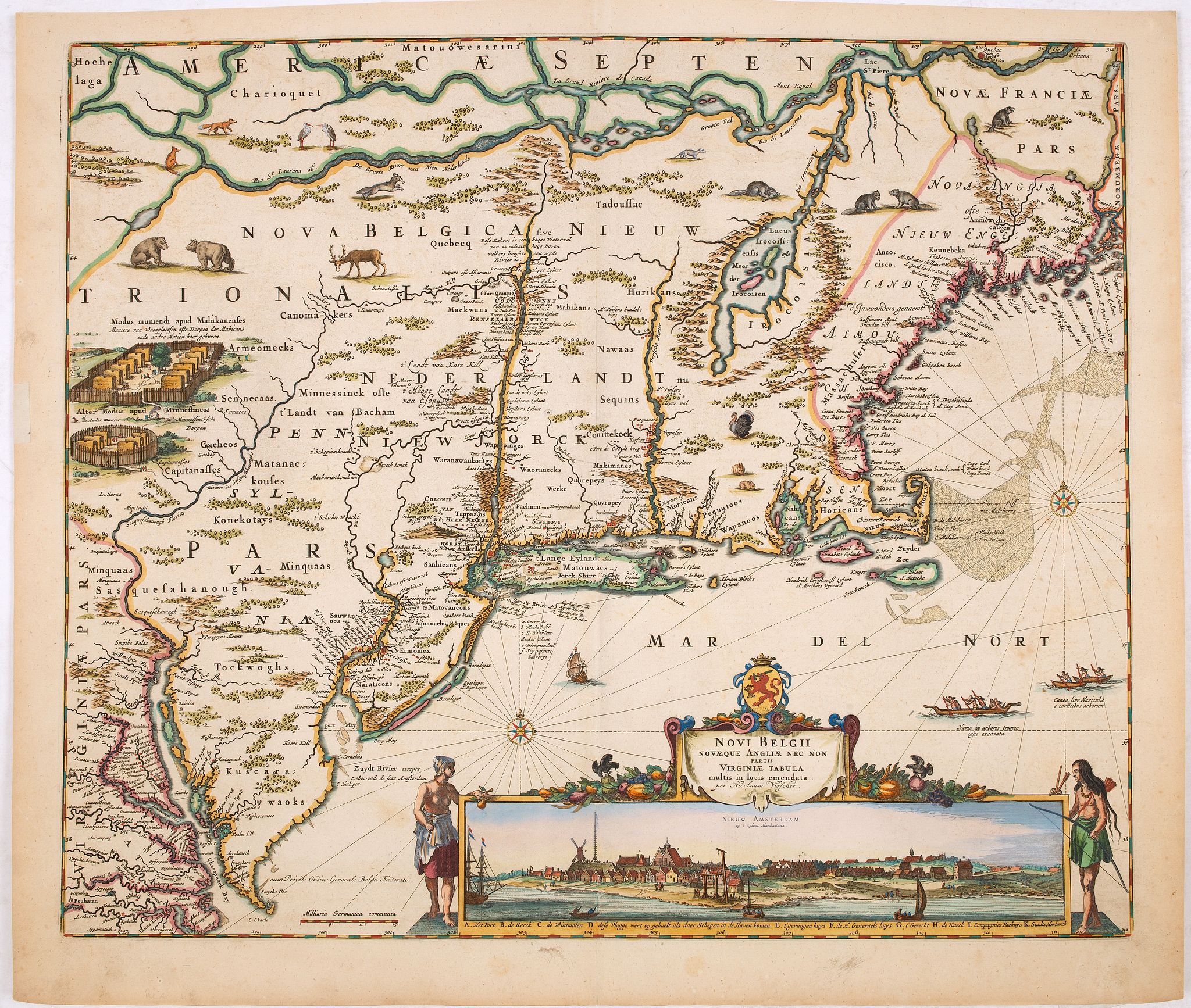 VISSCHER, N., Novi Belgii Novaeque Angliae nec non partis Virginiae tabula : multis in locis emendata / per Nicolaum Visscher., antique map, old maps