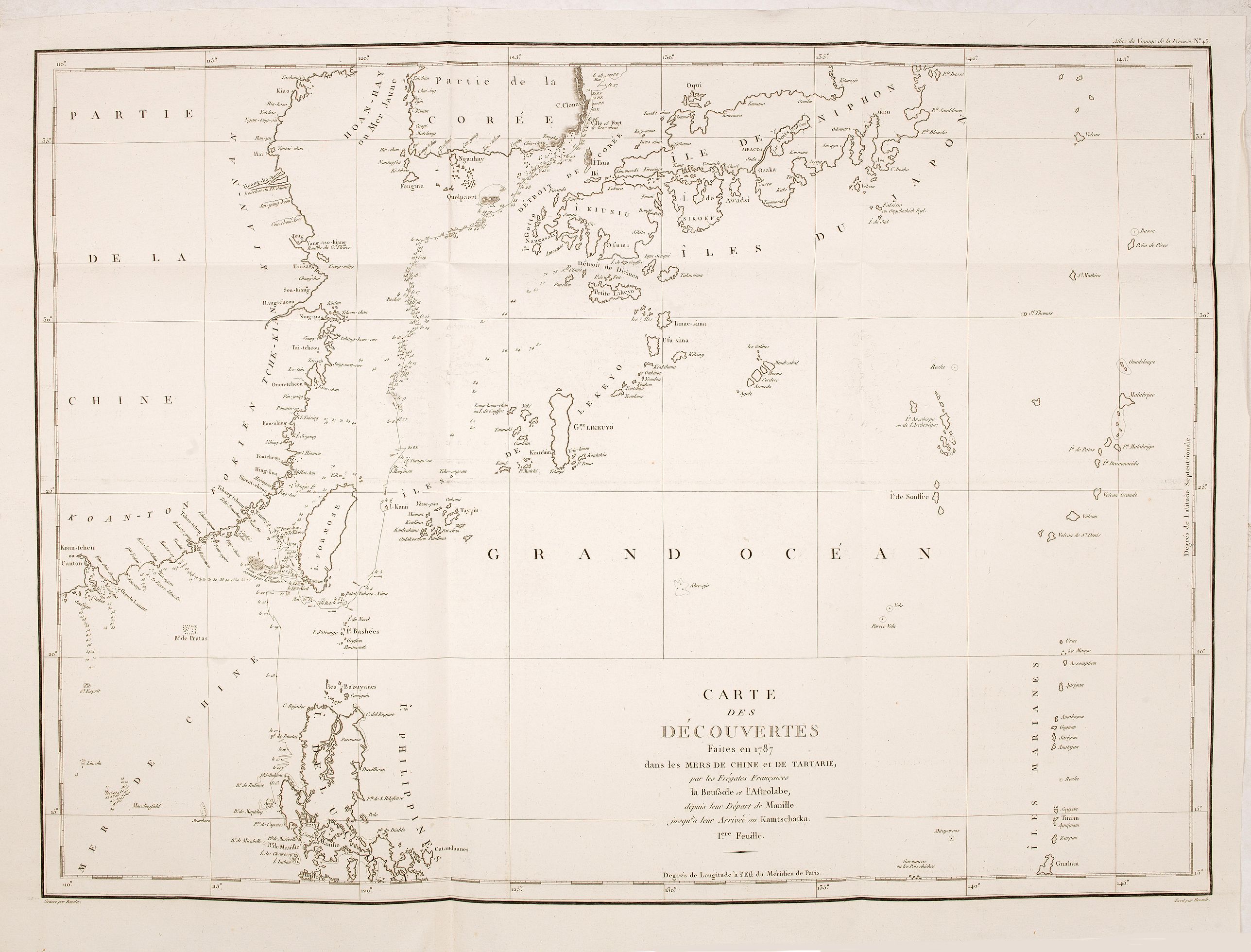 LA PÉROUSE, J.F.G., Carte des decouvertes, faites en 1787 dans les mers de Chine et de Tartarie, par les Fregates Francaises la Boussole et l'Astrolabe, depuis leur depart de Manille jusqu'à leur arrivee au Kamtschatka. 1ere. feuille., antique map, old maps