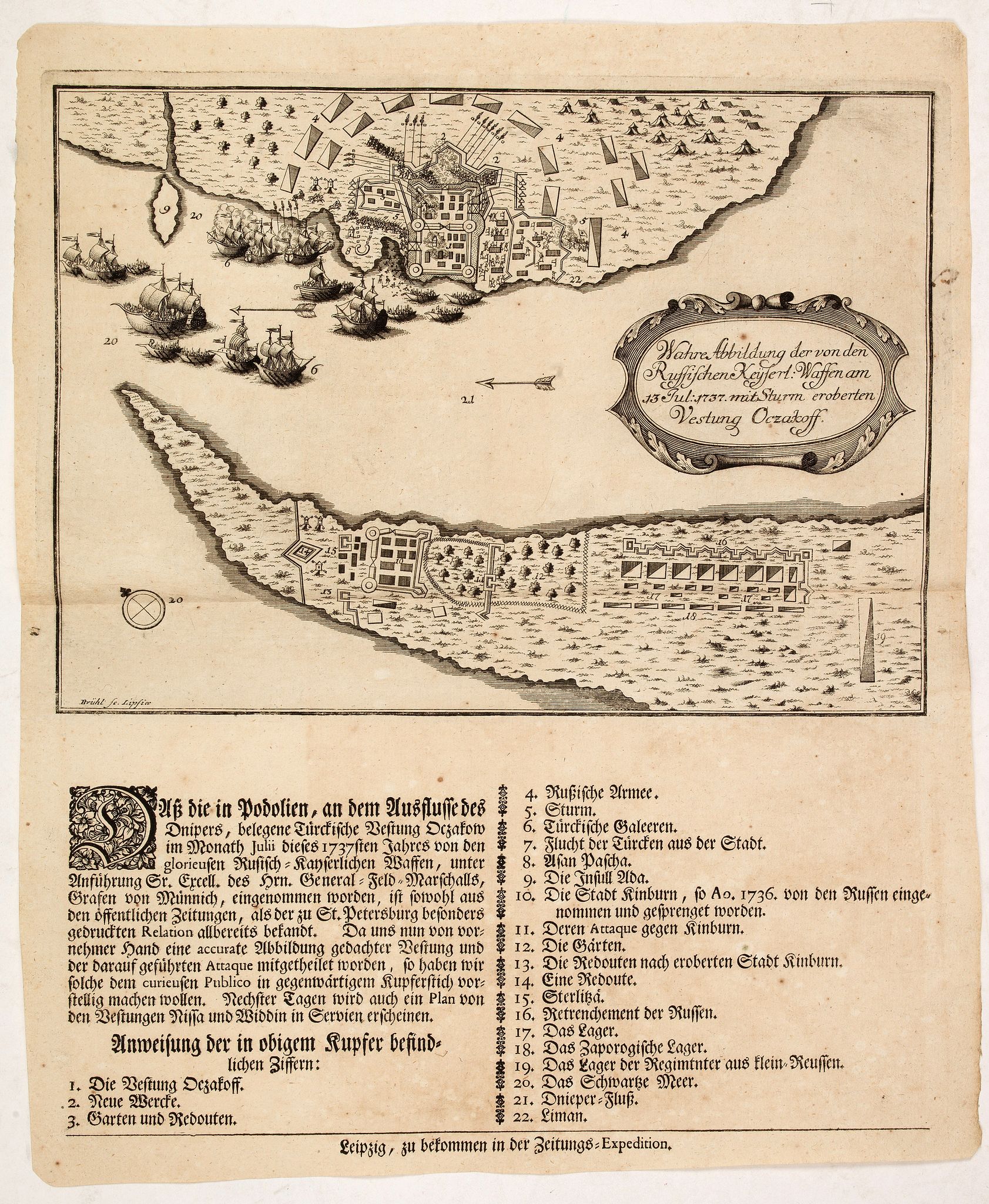 ZEITUNGS EXPEDITION, Wahre abbildung der von den Russischen keijserl: Waffen am 13 Jul: 1737 mit Sturm eroberten Vestung Oczakoff., antique map, old maps