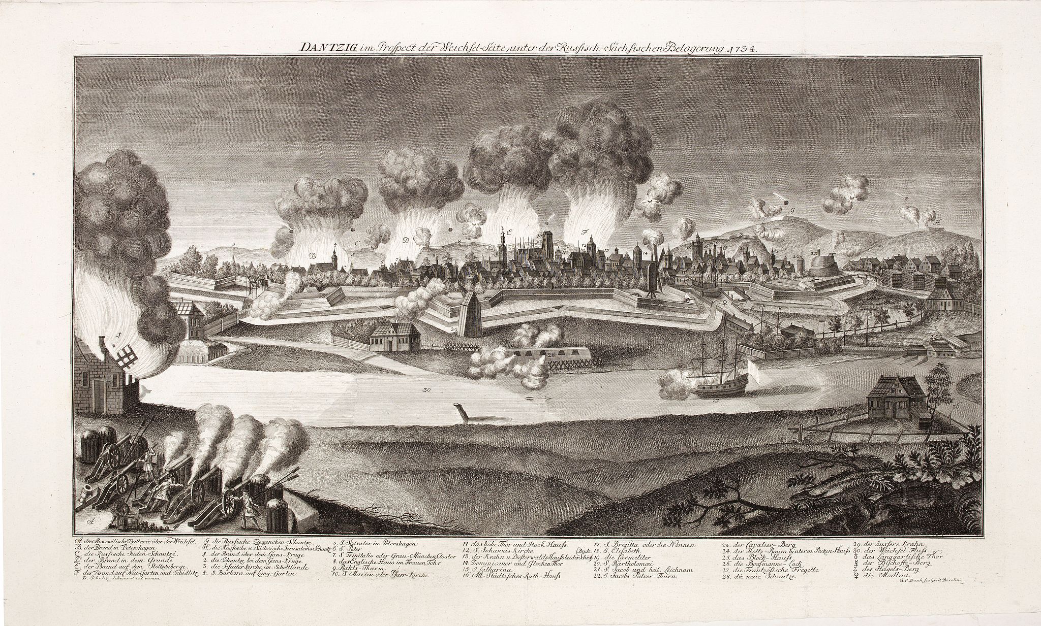BUSCH, Georg Paul, Danzig, im Prospect der Weichselseite unter der russisch-sächsischen Belagerung 1734., antique map, old maps