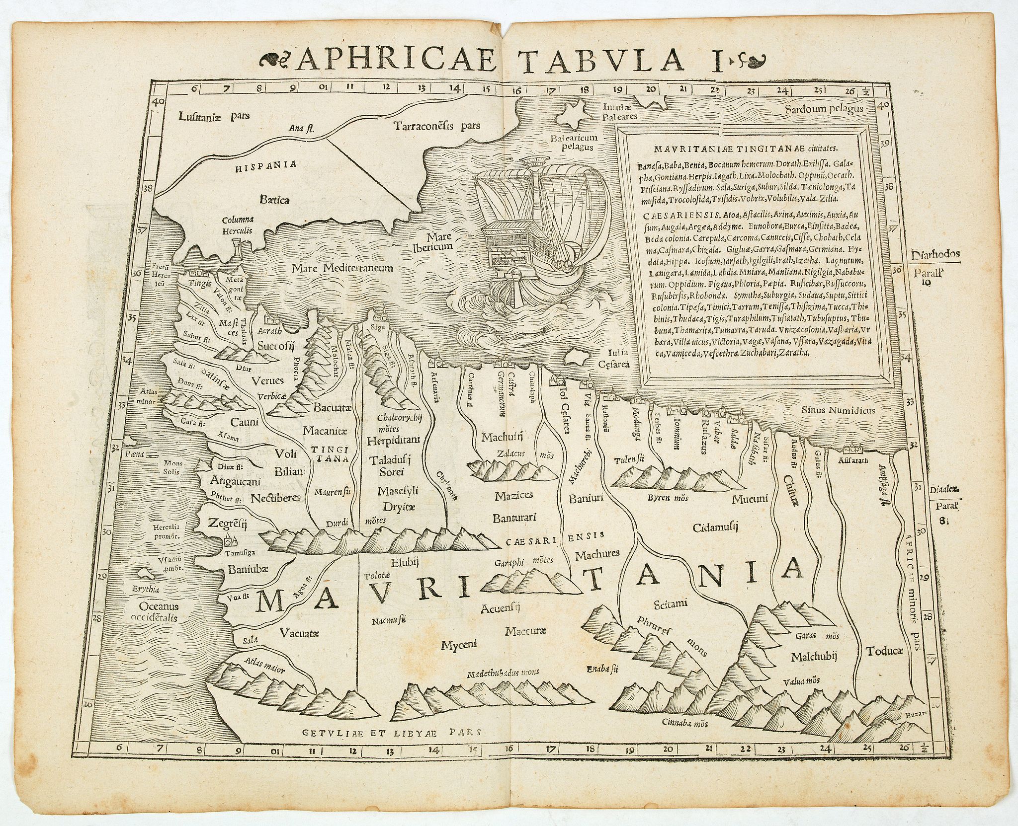 MÜNSTER, S., Aphricae Tabula I (Mauritania - present-day Morocco, Algeria, and Tunisia.), antique map, old maps