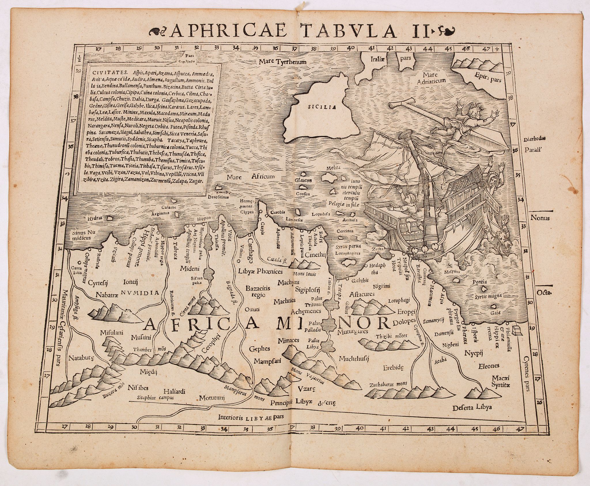 MÜNSTER, S., Aphricae Tabula II (Northern Africa and the Mediterranean showing parts of Sicily, Tunisia and Libya.), antique map, old maps