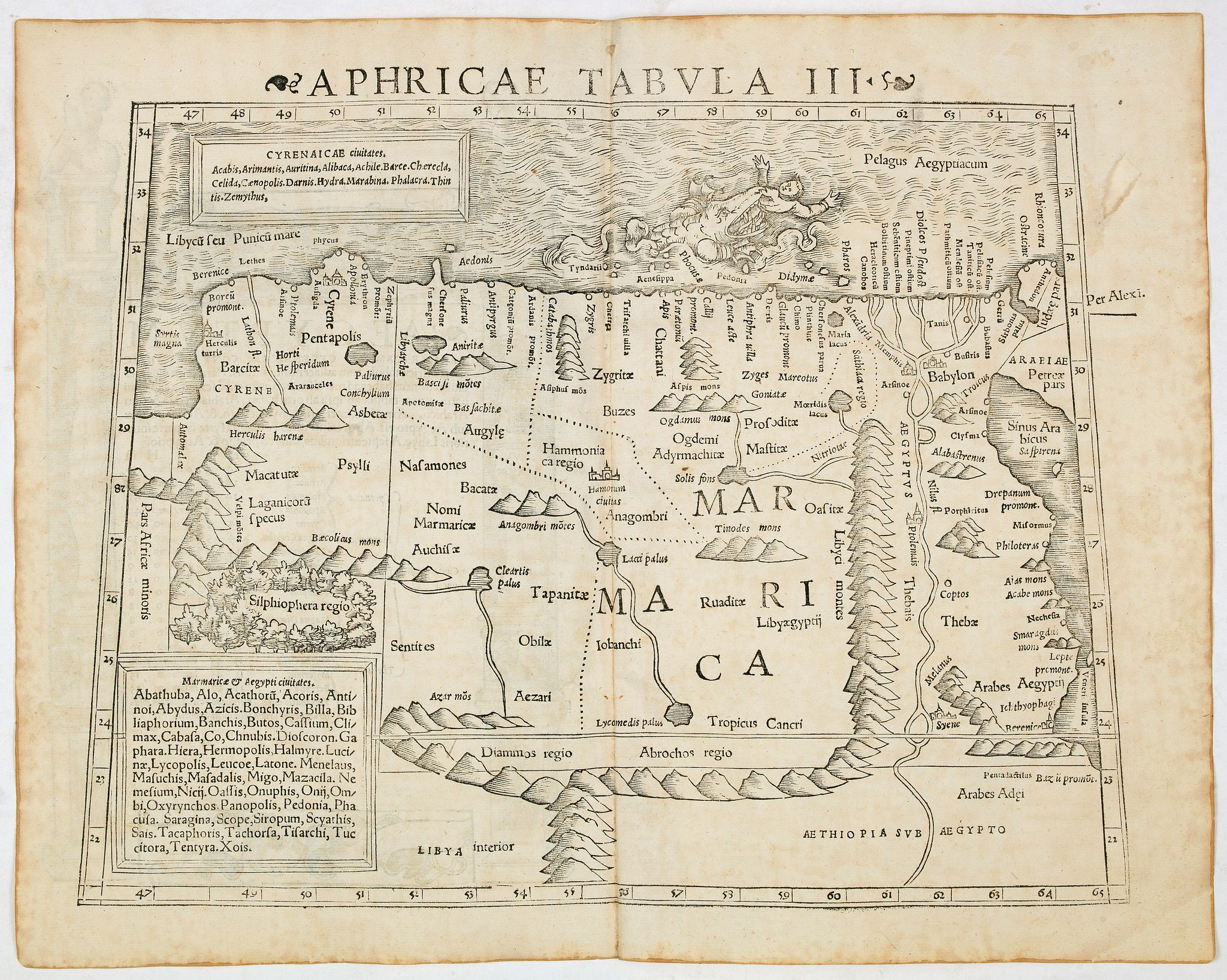 MÜNSTER, S., Aphricae Tabula III (Northern Africa and the Mediterranean, including Egypt.), antique map, old maps